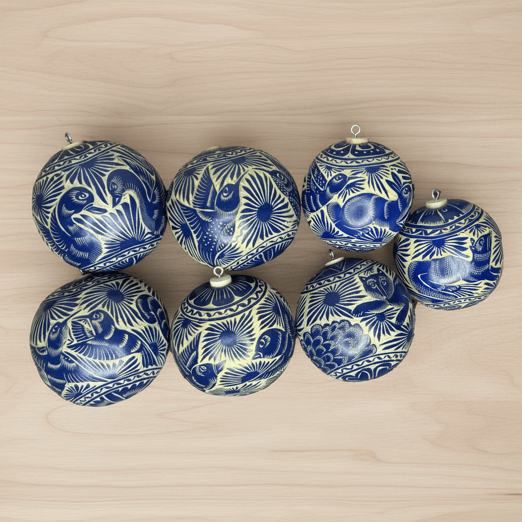 Jícara Natural Hand-Carved Christmas Ornament BLUE Jícara Natural Hand-Carved Christmas Ornament BLUE