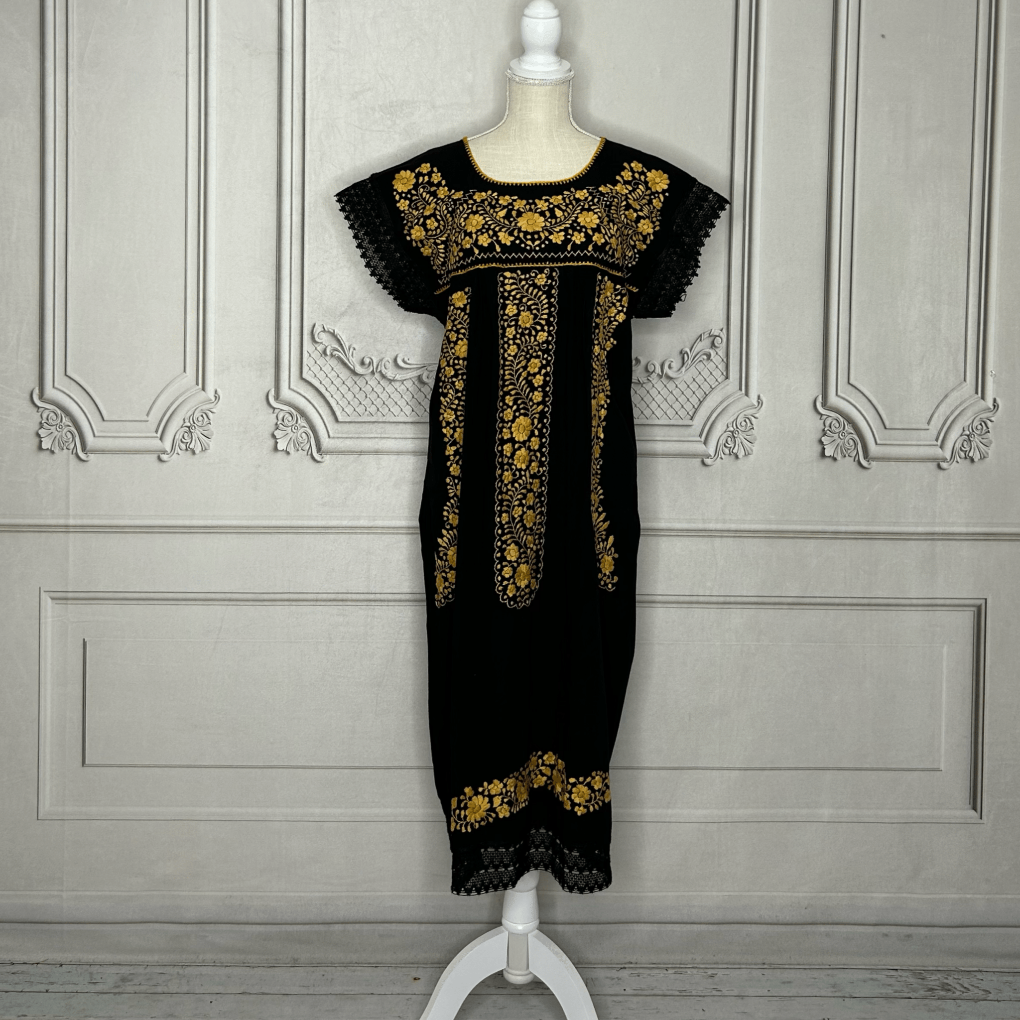 Laced Trim Mexican Midi Dress - Puebla Black Laced Trim Mexican Midi Dress - Puebla Black