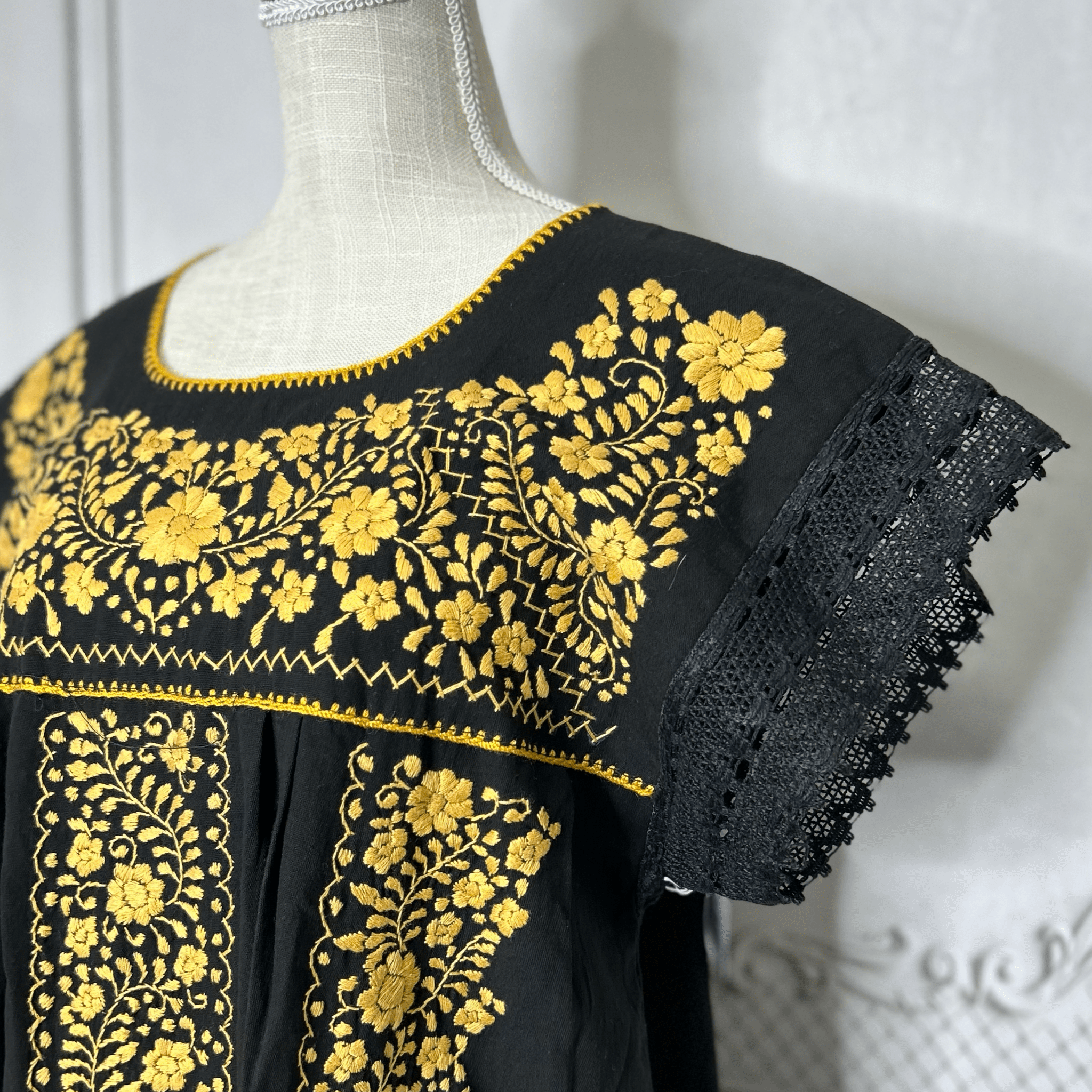 Laced Trim Mexican Midi Dress - Puebla Black Laced Trim Mexican Midi Dress - Puebla Black