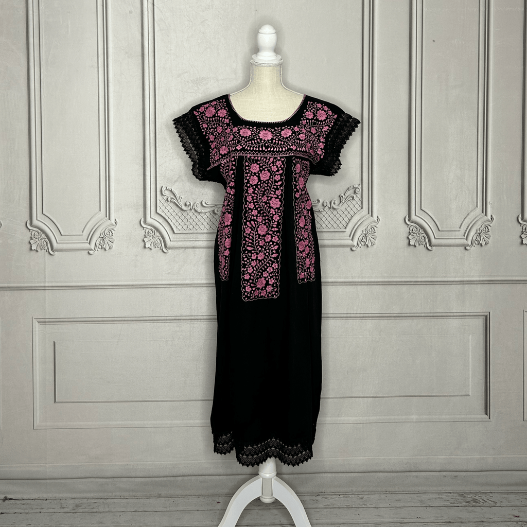Laced Trim Mexican Midi Dress - Puebla Black Laced Trim Mexican Midi Dress - Puebla Black