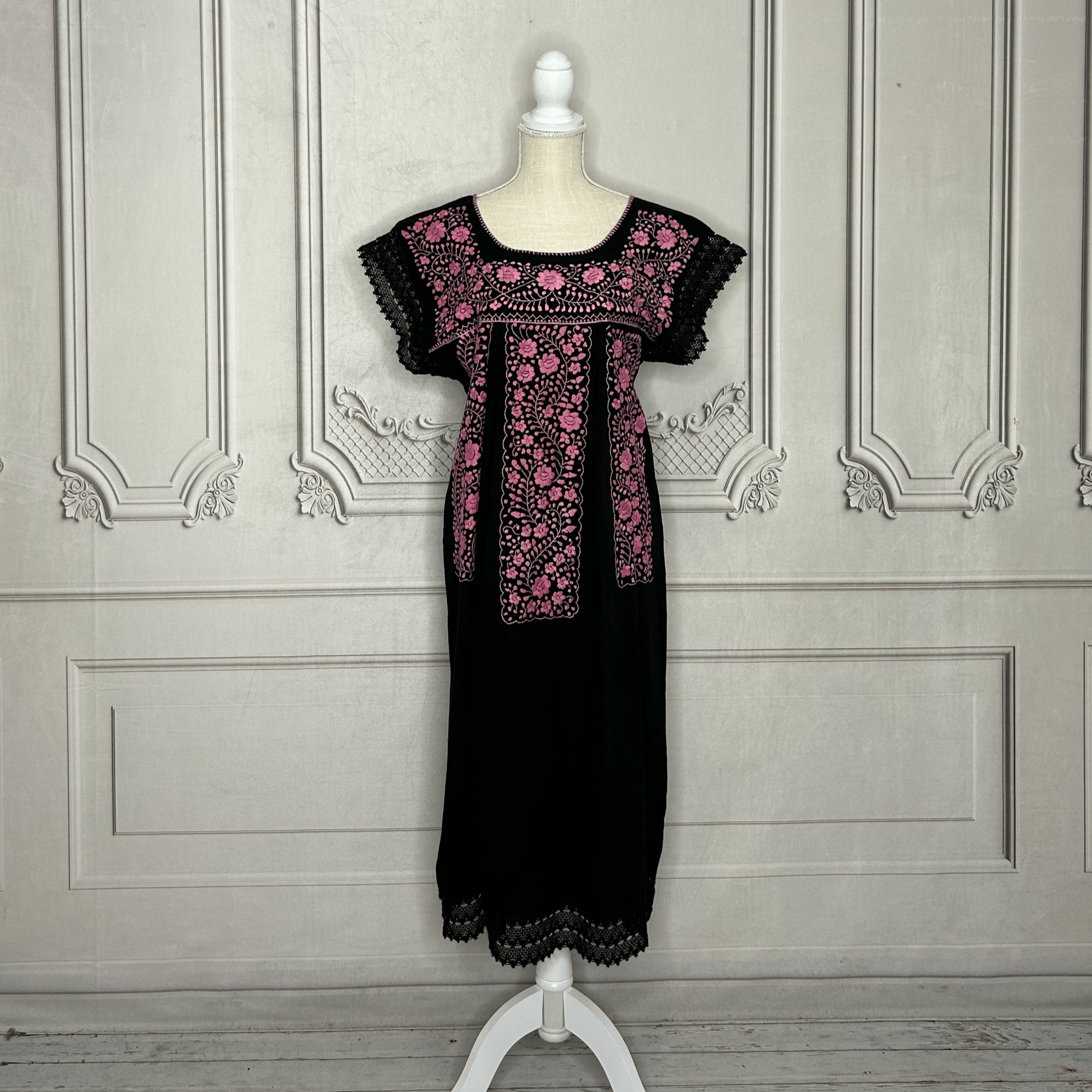 Laced Trim Mexican Midi Dress - Puebla Black Laced Trim Mexican Midi Dress - Puebla Black