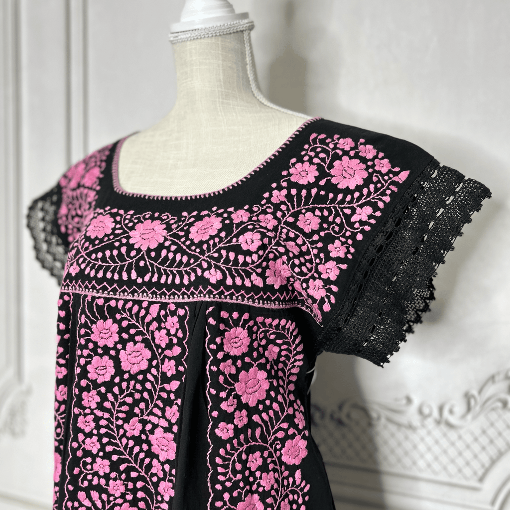 Laced Trim Mexican Midi Dress - Puebla Black Laced Trim Mexican Midi Dress - Puebla Black