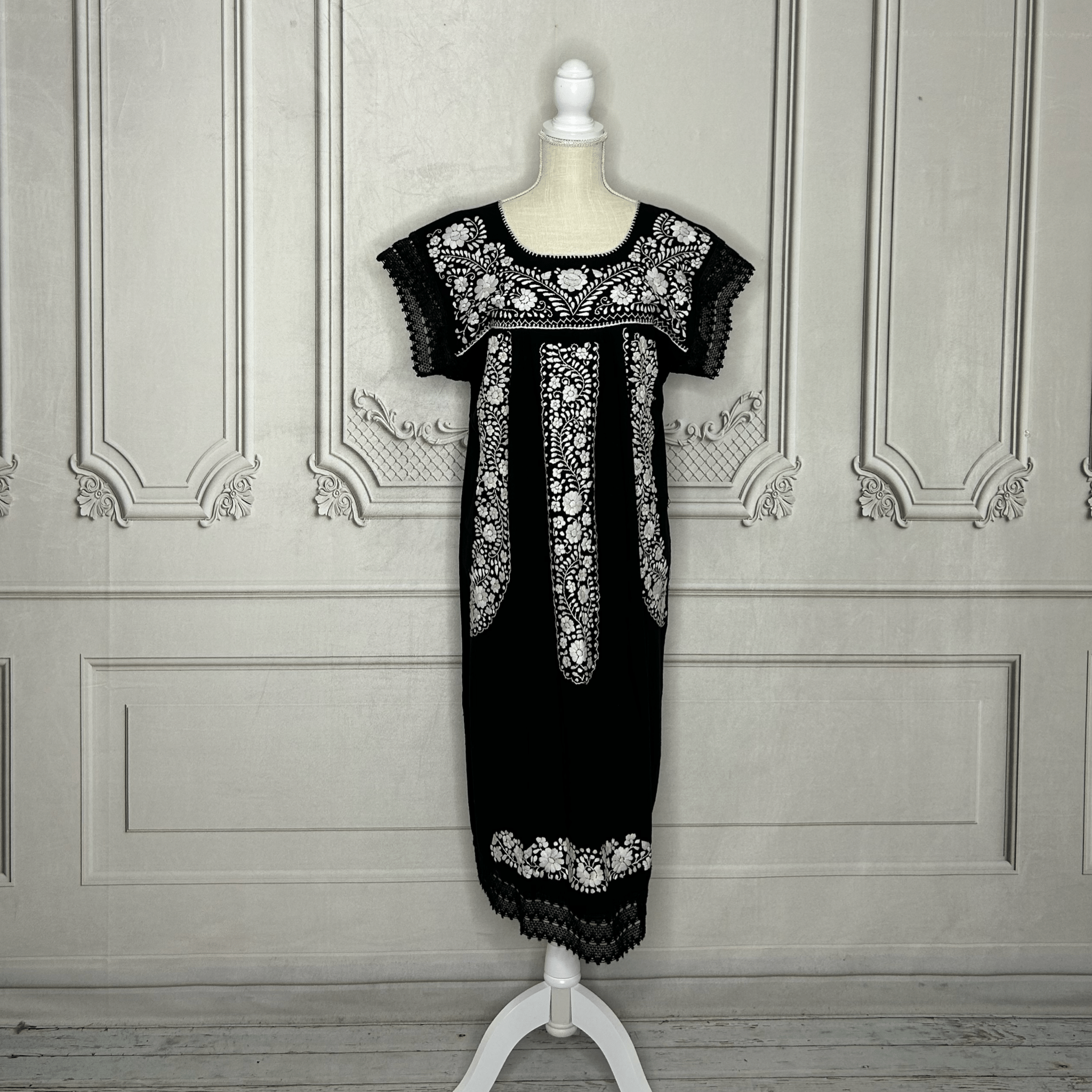 Laced Trim Mexican Midi Dress - Puebla Black Laced Trim Mexican Midi Dress - Puebla Black