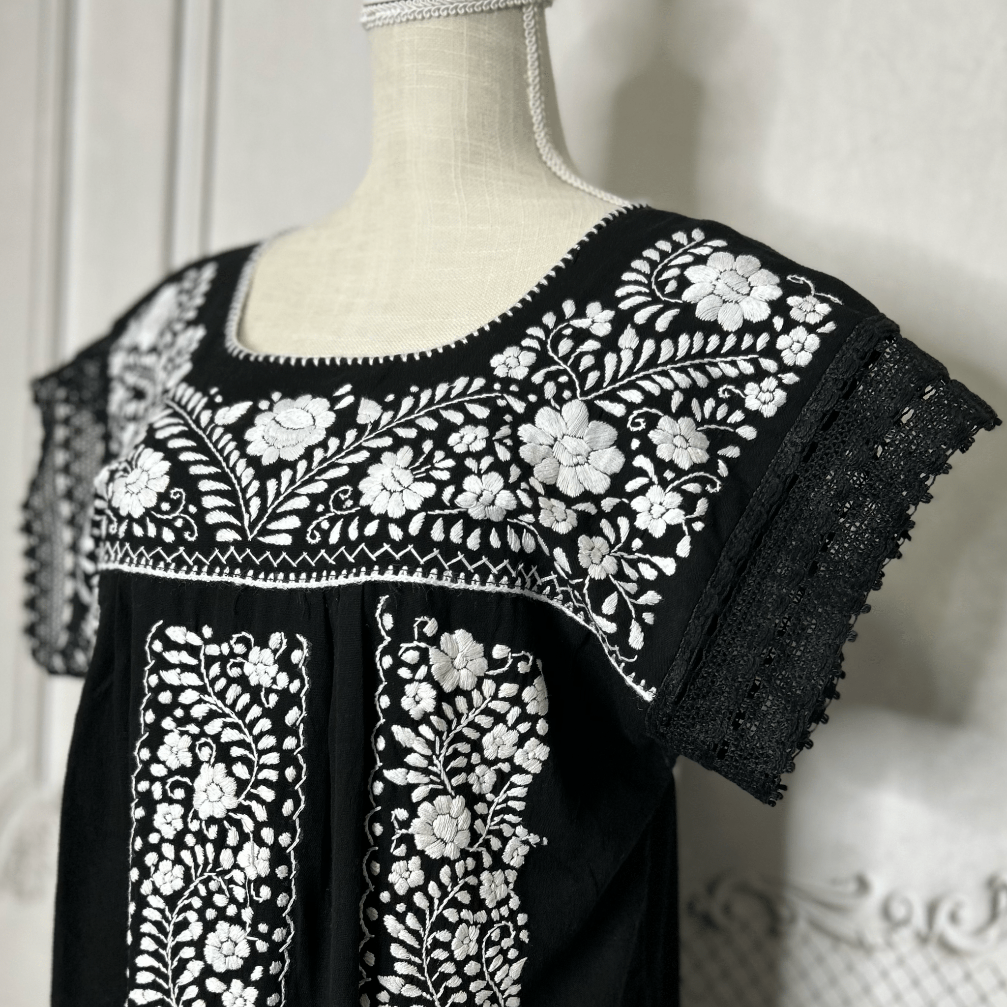 Laced Trim Mexican Midi Dress - Puebla Black Laced Trim Mexican Midi Dress - Puebla Black