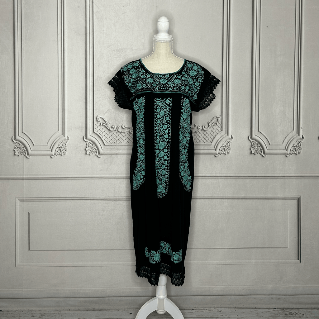 Laced Trim Mexican Midi Dress - Puebla Black Laced Trim Mexican Midi Dress - Puebla Black