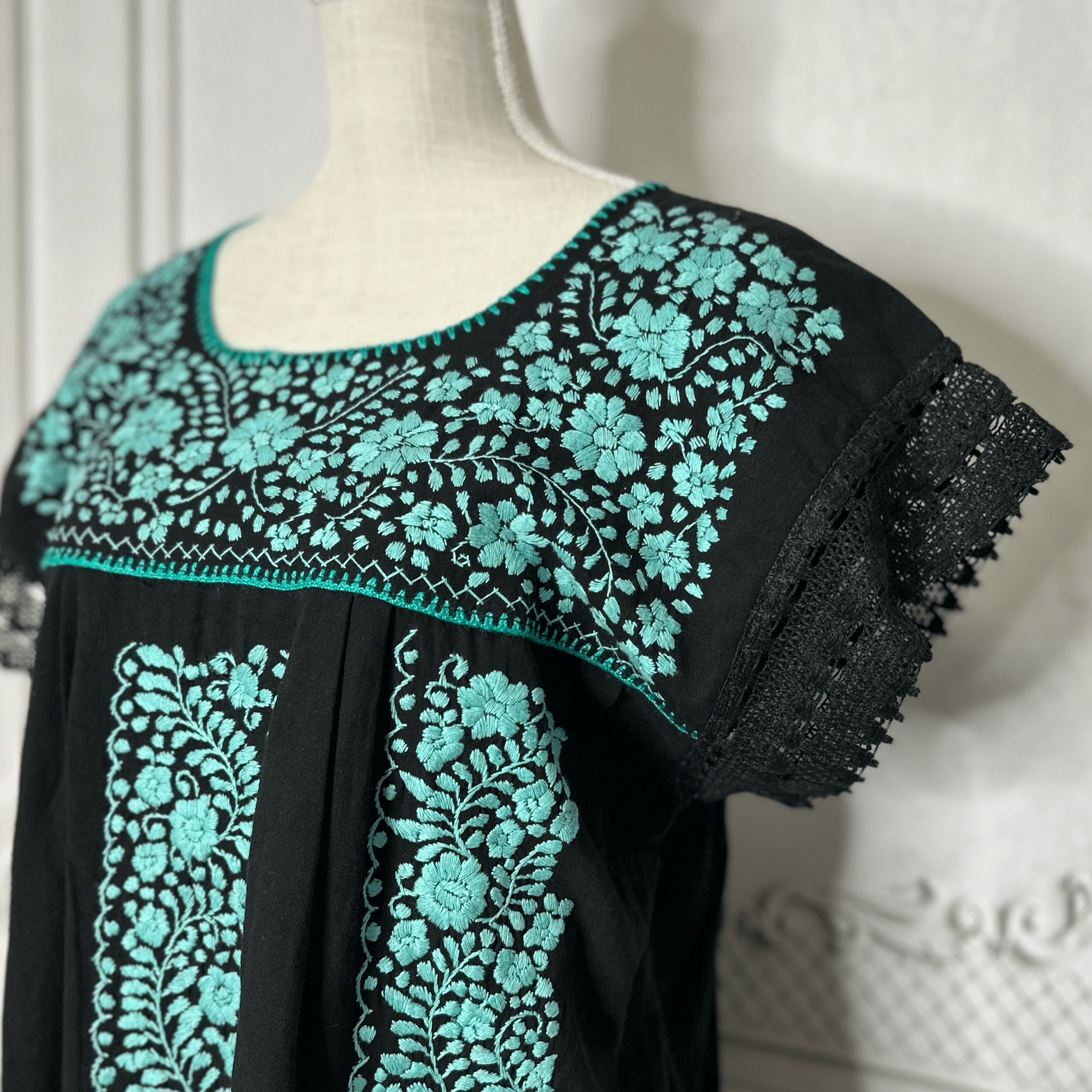 Laced Trim Mexican Midi Dress - Puebla Black Laced Trim Mexican Midi Dress - Puebla Black