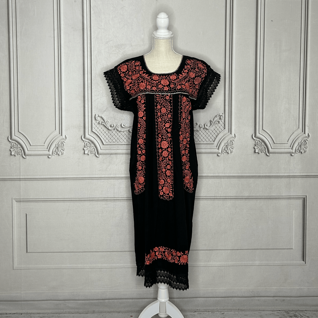 Laced Trim Mexican Midi Dress - Puebla Black Laced Trim Mexican Midi Dress - Puebla Black