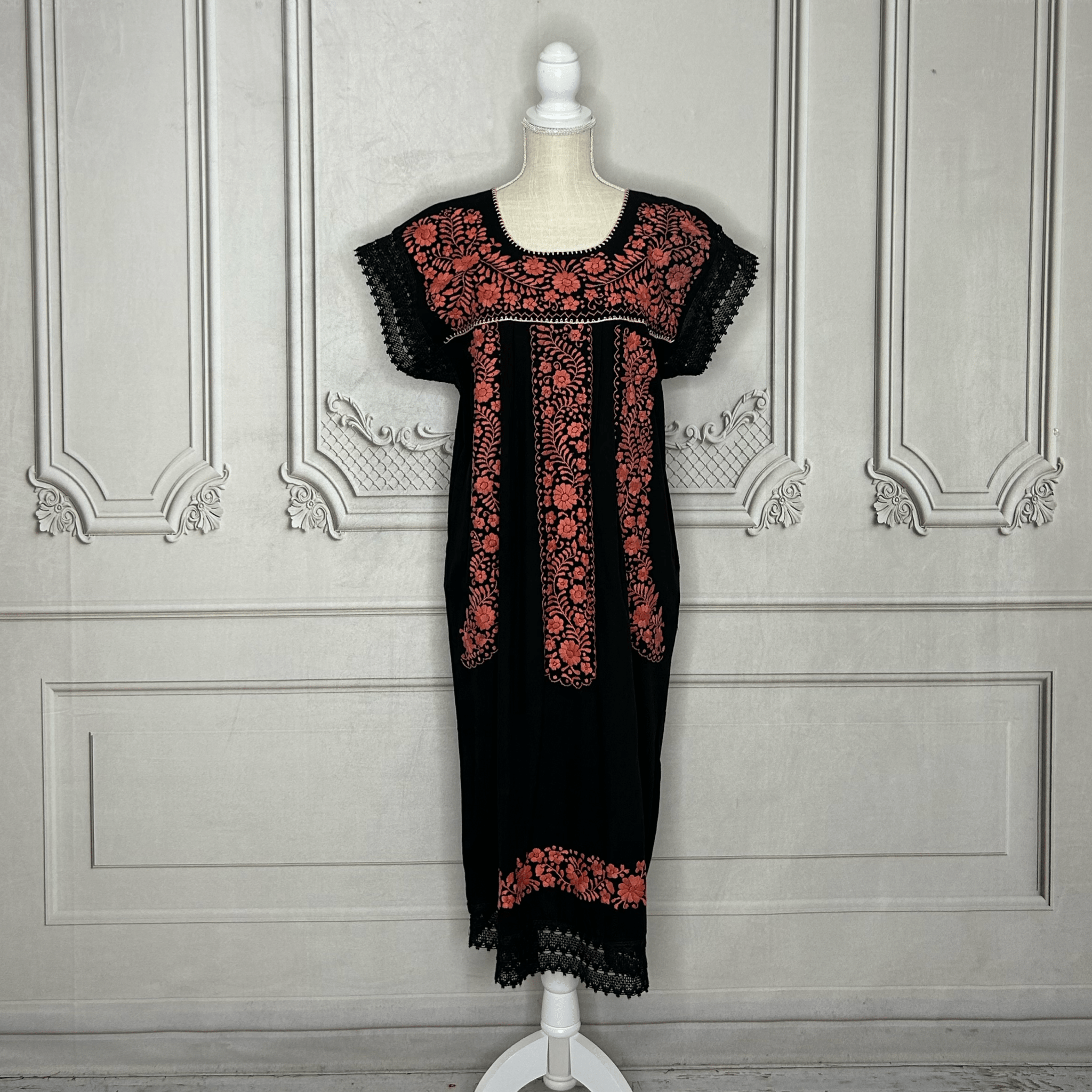 Laced Trim Mexican Midi Dress - Puebla Black Laced Trim Mexican Midi Dress - Puebla Black