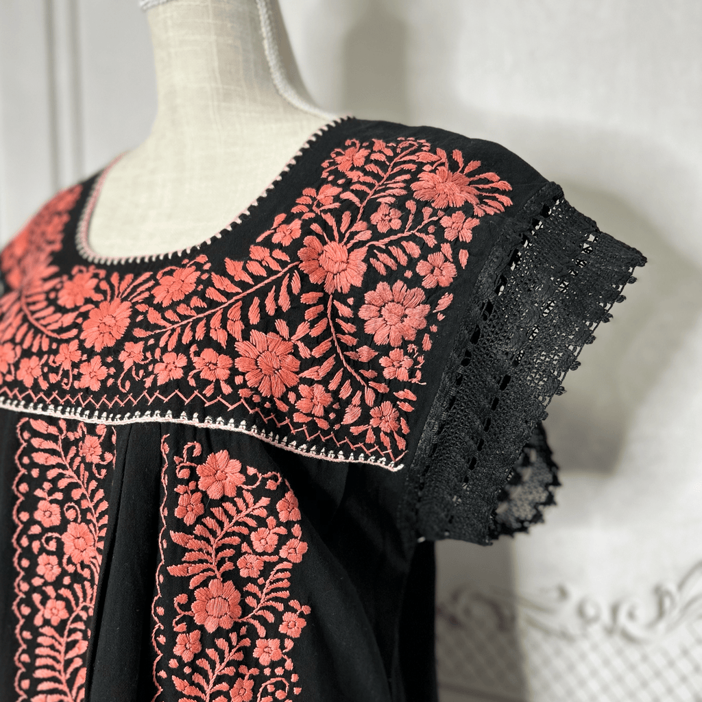 Laced Trim Mexican Midi Dress - Puebla Black Laced Trim Mexican Midi Dress - Puebla Black