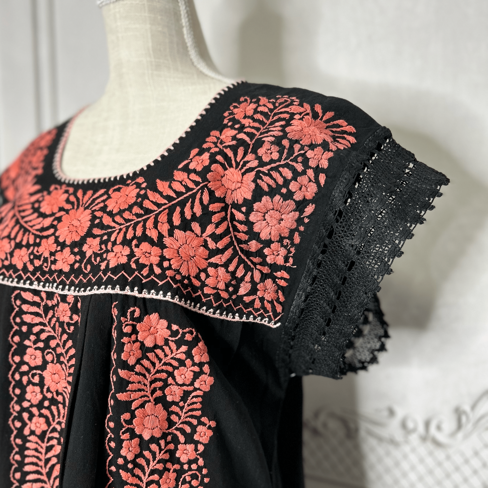 Laced Trim Mexican Midi Dress - Puebla Black Laced Trim Mexican Midi Dress - Puebla Black