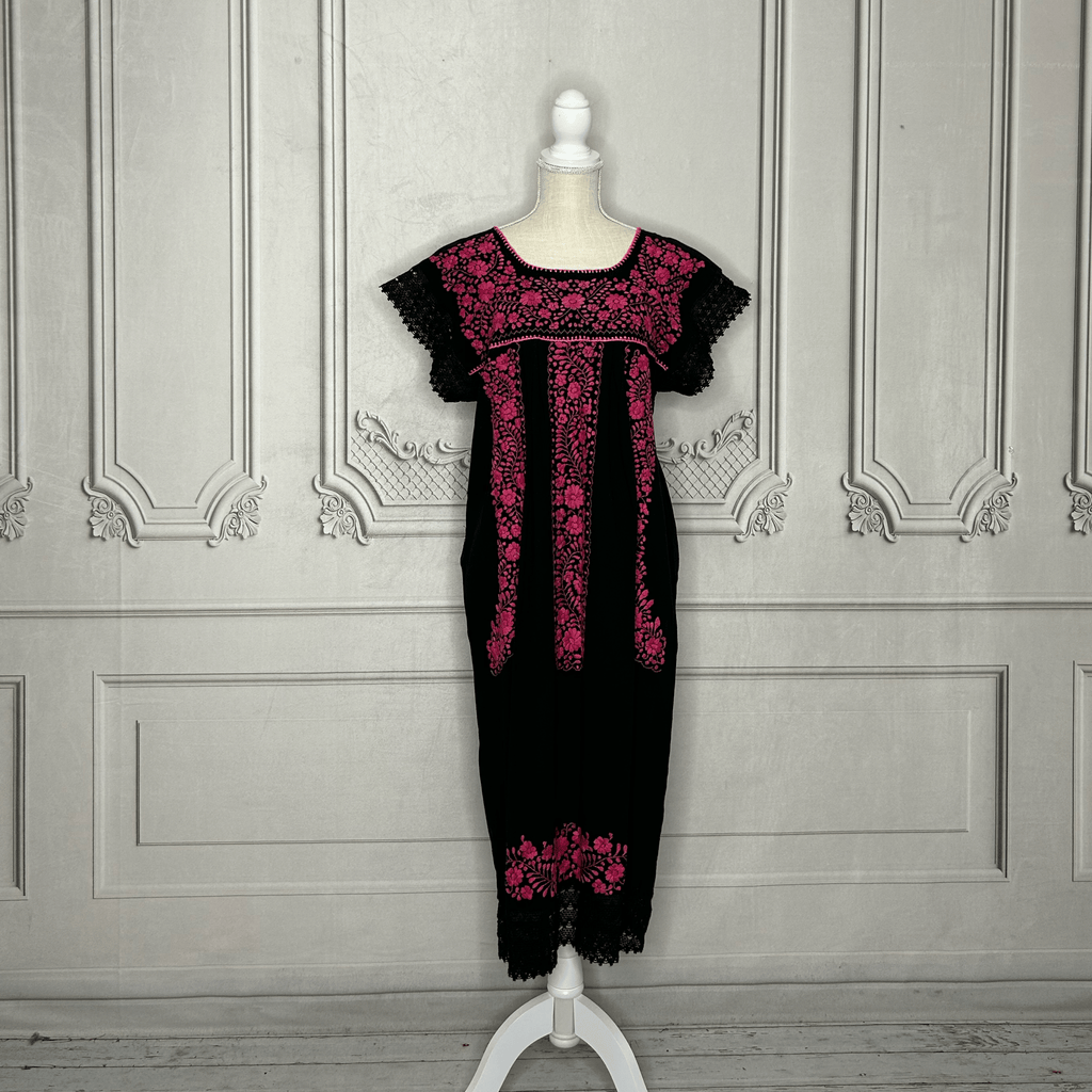 Laced Trim Mexican Midi Dress - Puebla Black Laced Trim Mexican Midi Dress - Puebla Black