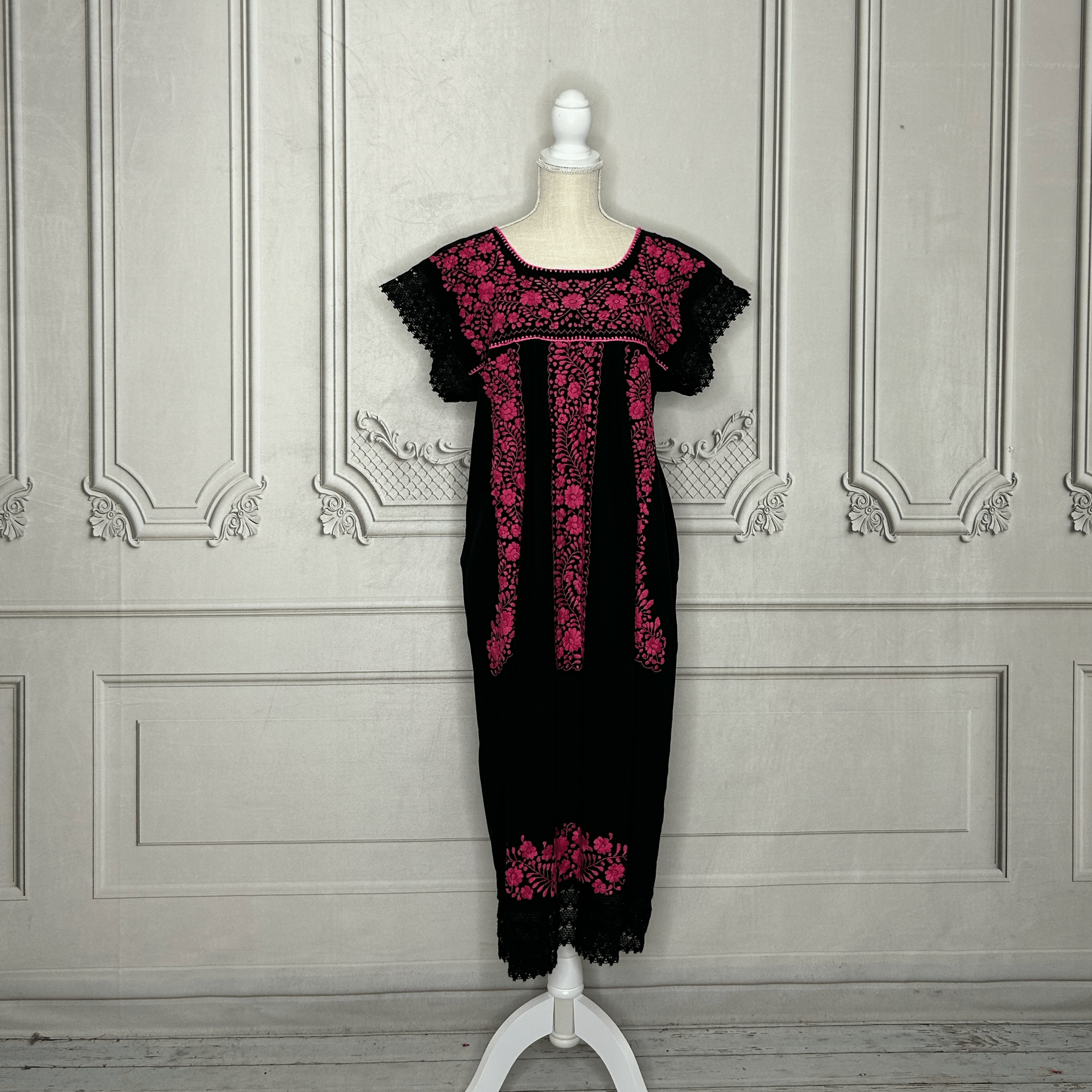 Laced Trim Mexican Midi Dress - Puebla Black Laced Trim Mexican Midi Dress - Puebla Black