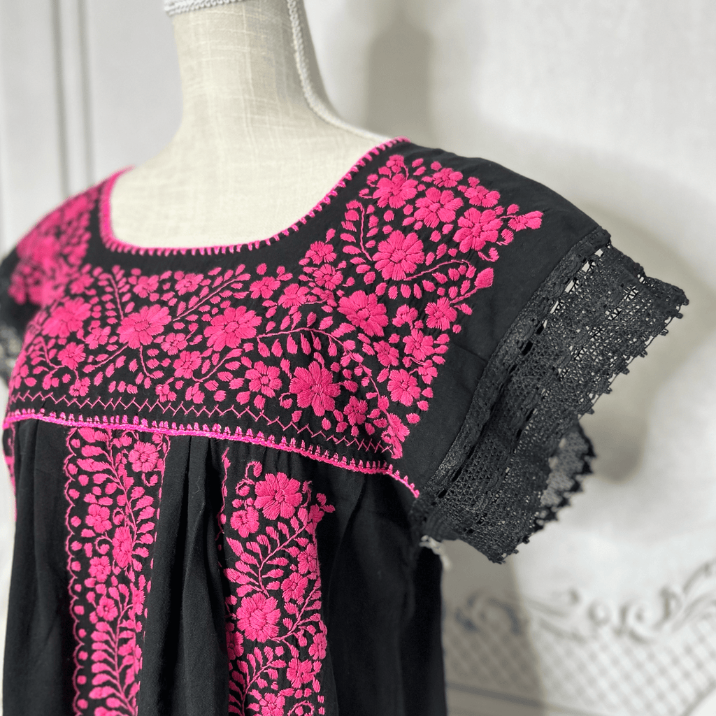 Laced Trim Mexican Midi Dress - Puebla Black Laced Trim Mexican Midi Dress - Puebla Black