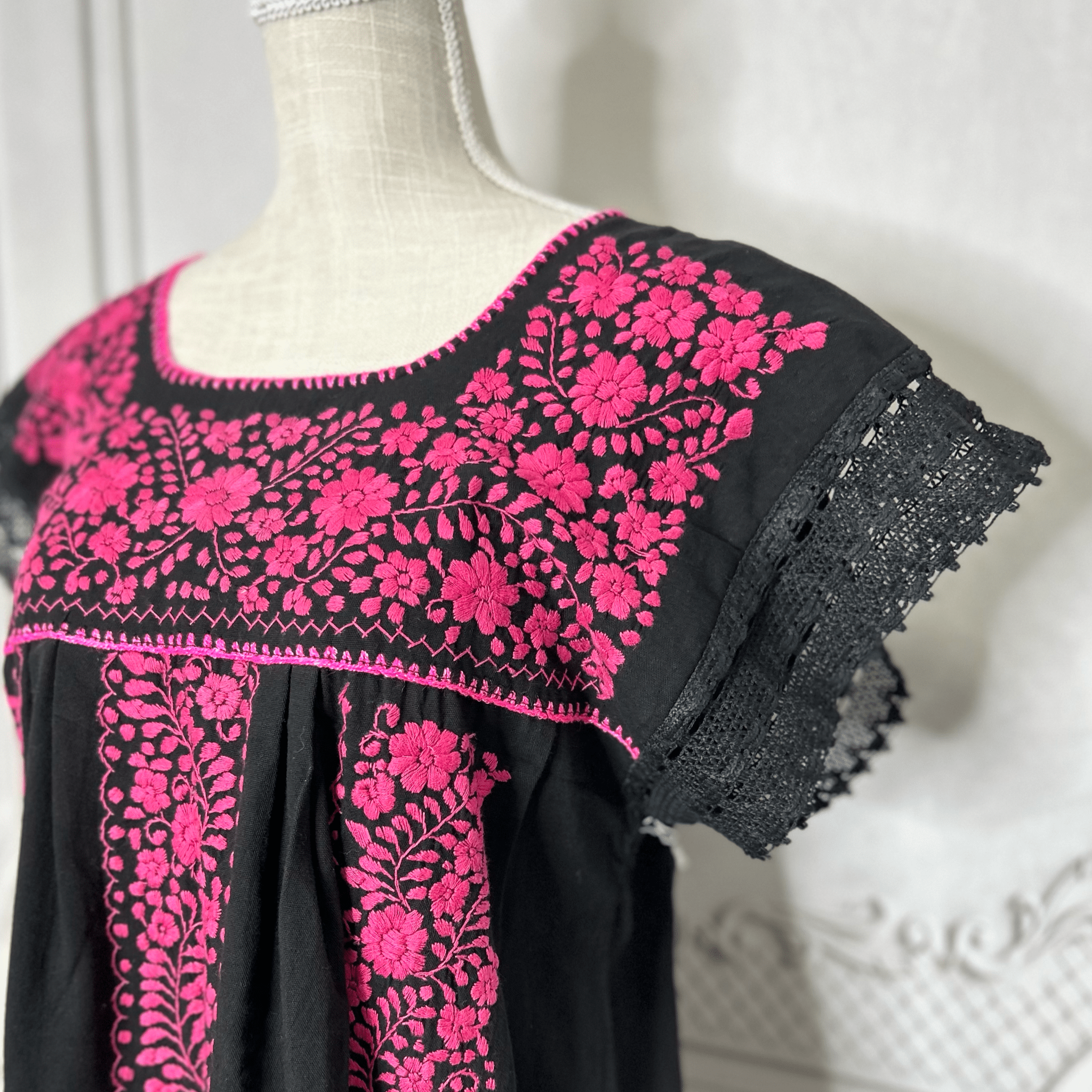 Laced Trim Mexican Midi Dress - Puebla Black Laced Trim Mexican Midi Dress - Puebla Black