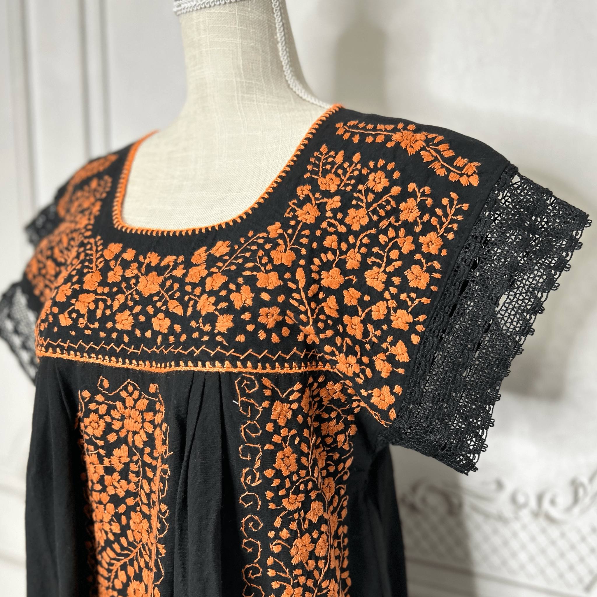 Laced Trim Mexican Midi Dress - Puebla Black Laced Trim Mexican Midi Dress - Puebla Black