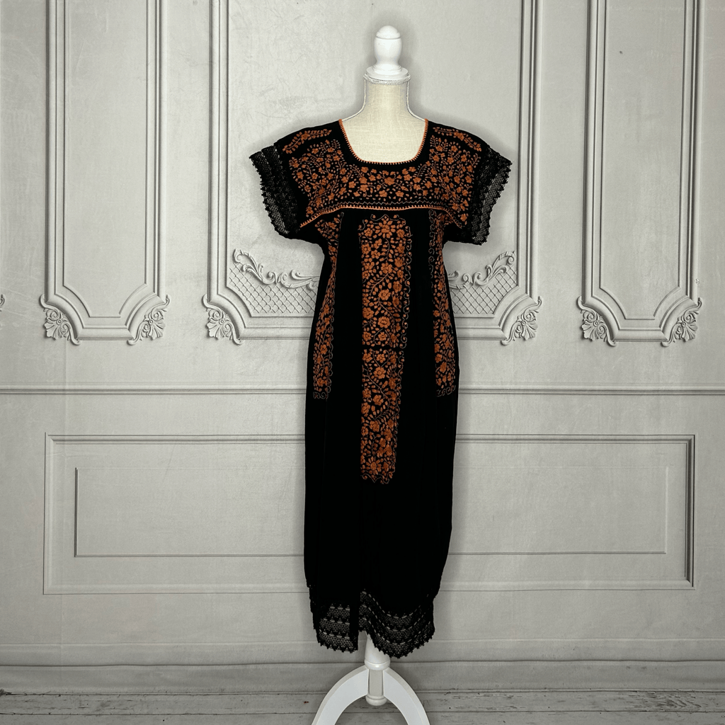 Laced Trim Mexican Midi Dress - Puebla Black Laced Trim Mexican Midi Dress - Puebla Black
