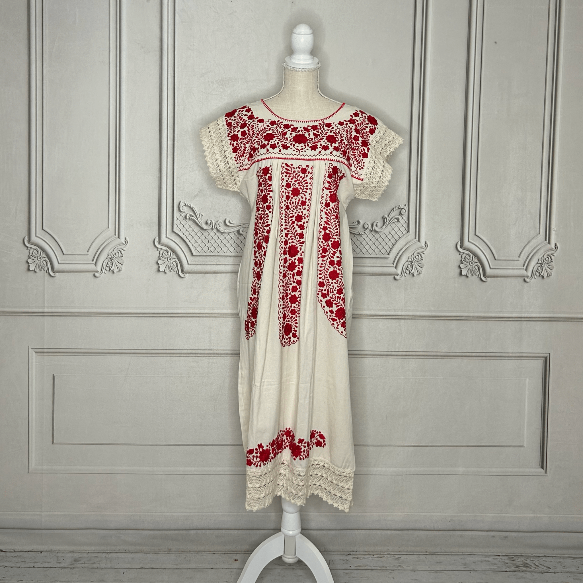 Laced Trim Mexican Midi Dress - Puebla Cream Laced Trim Mexican Midi Dress - Puebla Cream