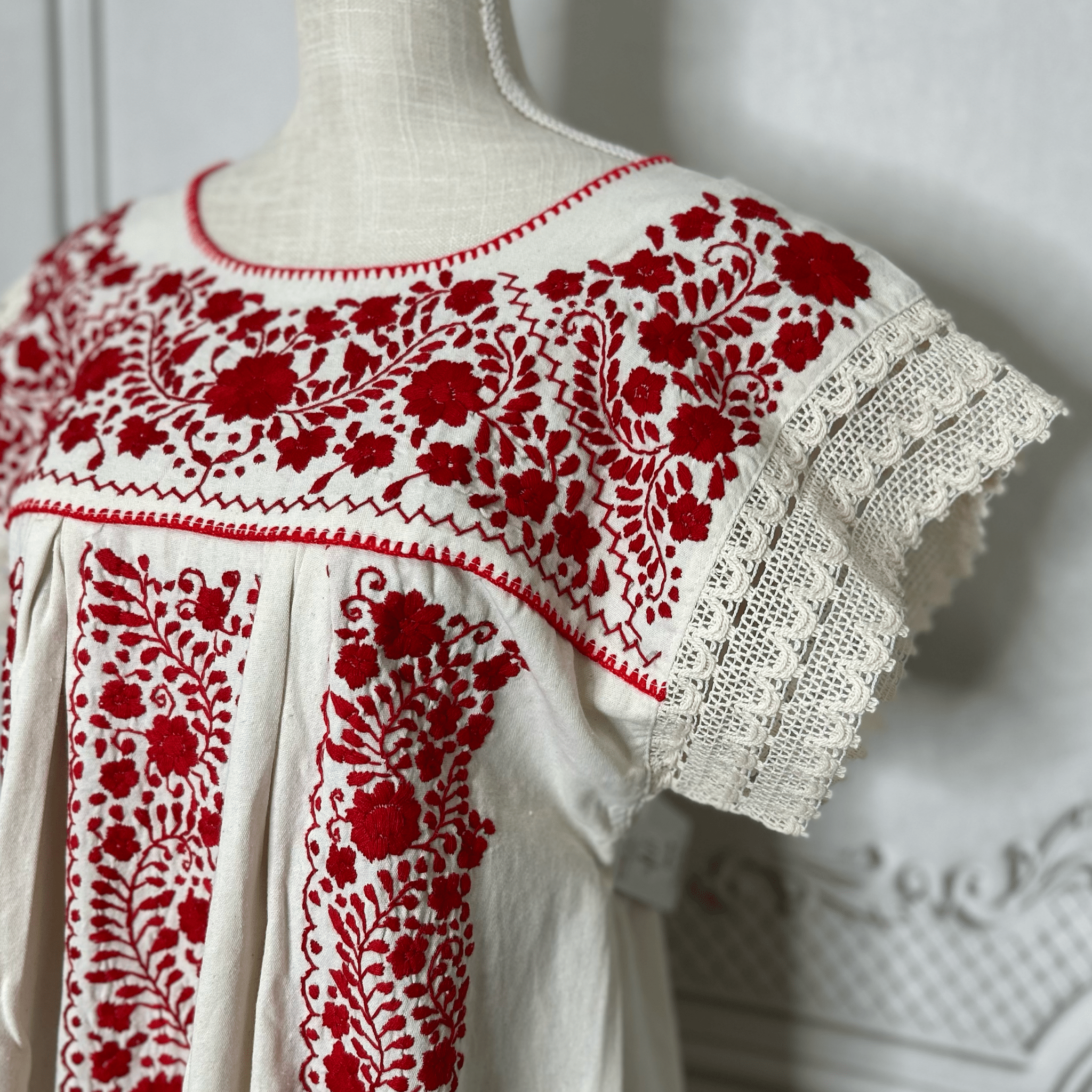 Laced Trim Mexican Midi Dress - Puebla Cream Laced Trim Mexican Midi Dress - Puebla Cream