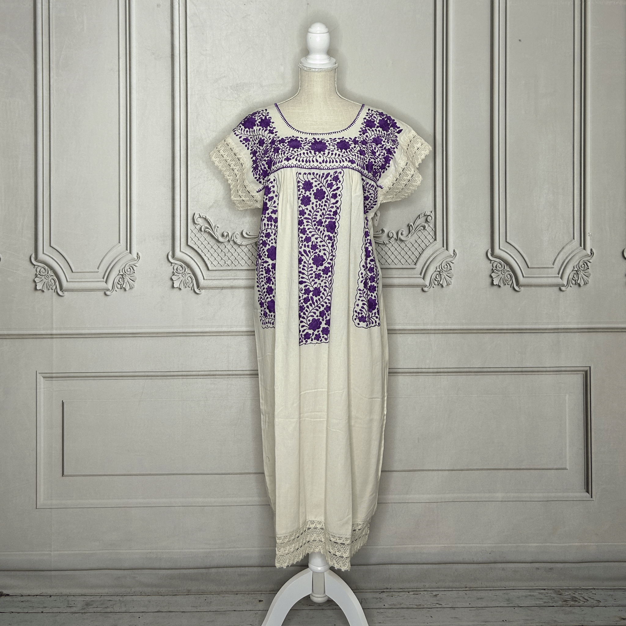 Laced Trim Mexican Midi Dress - Puebla Cream Laced Trim Mexican Midi Dress - Puebla Cream