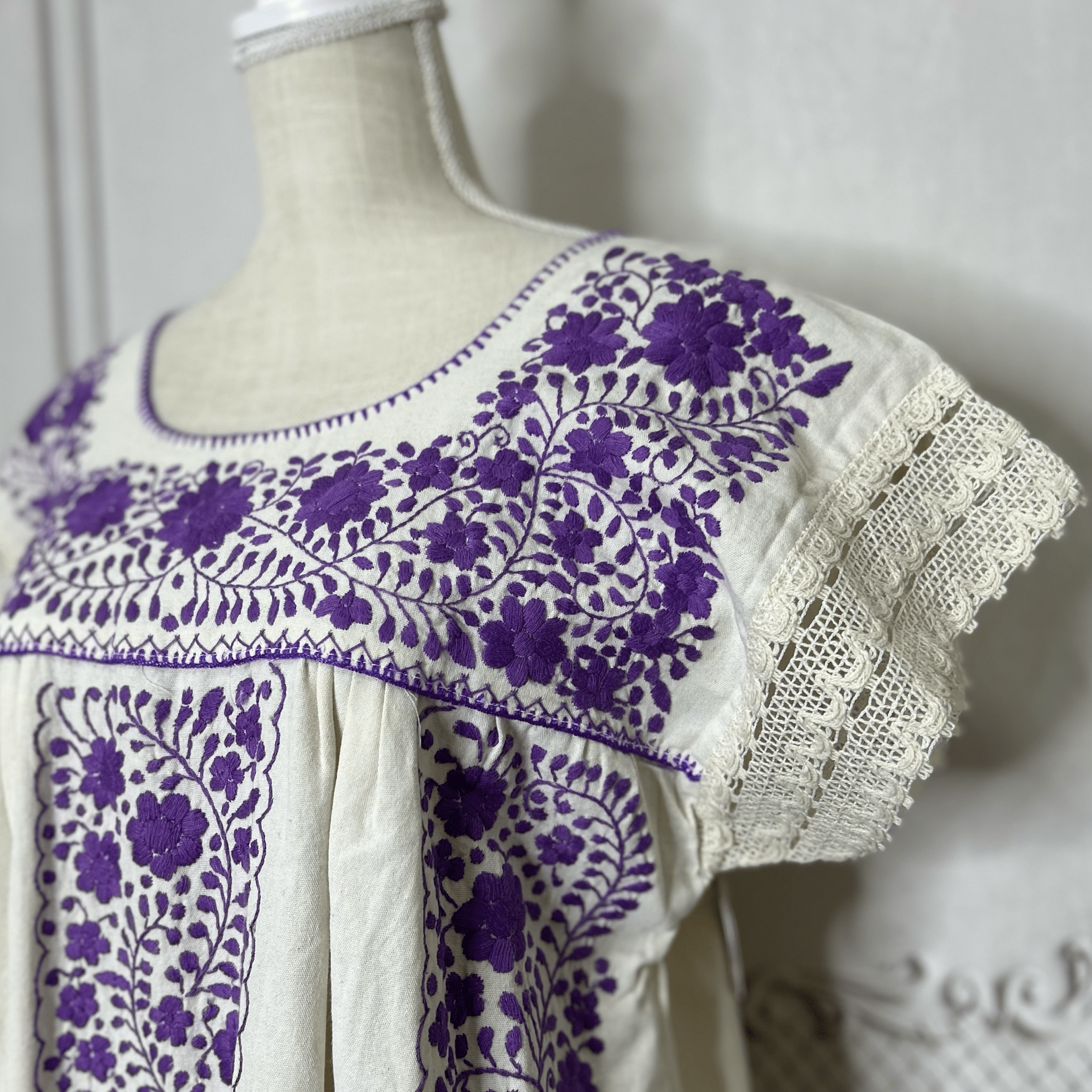 Laced Trim Mexican Midi Dress - Puebla Cream Laced Trim Mexican Midi Dress - Puebla Cream