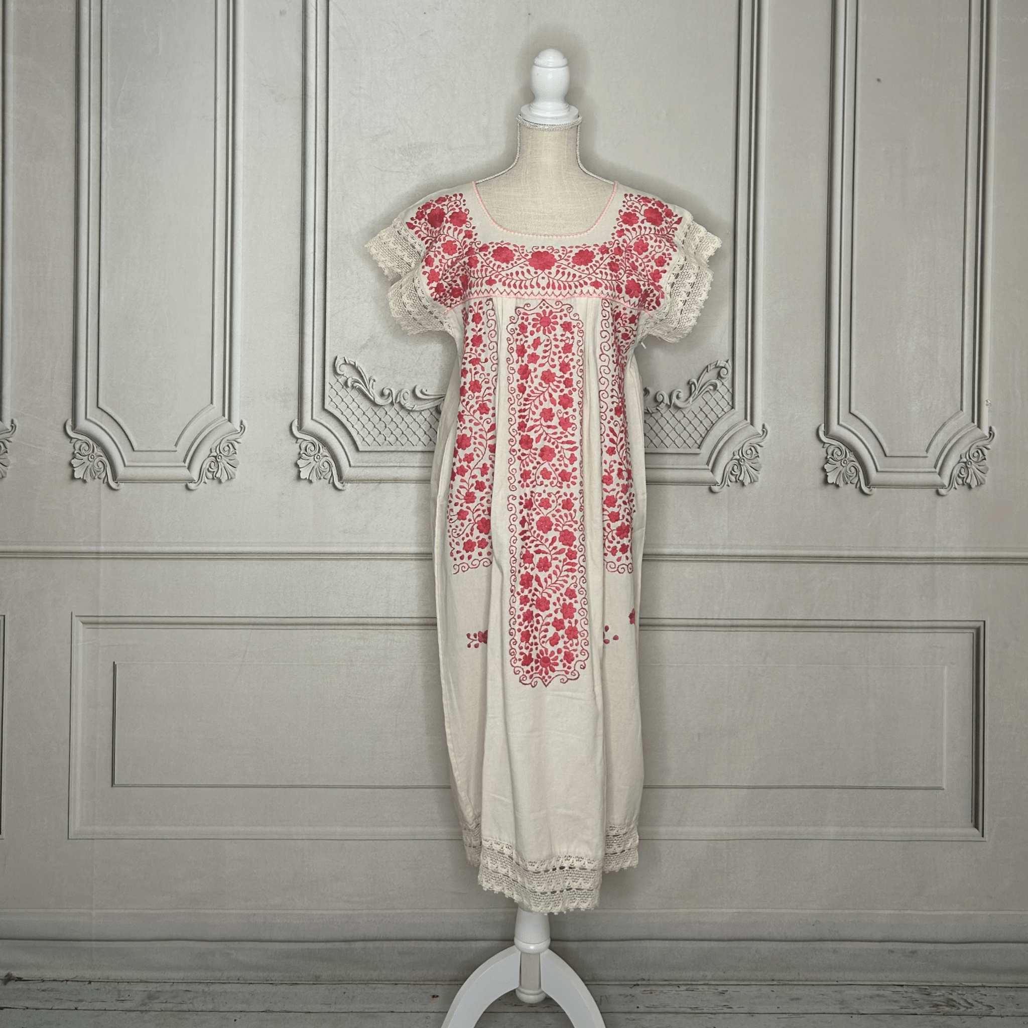 Laced Trim Mexican Midi Dress - Puebla Cream Laced Trim Mexican Midi Dress - Puebla Cream