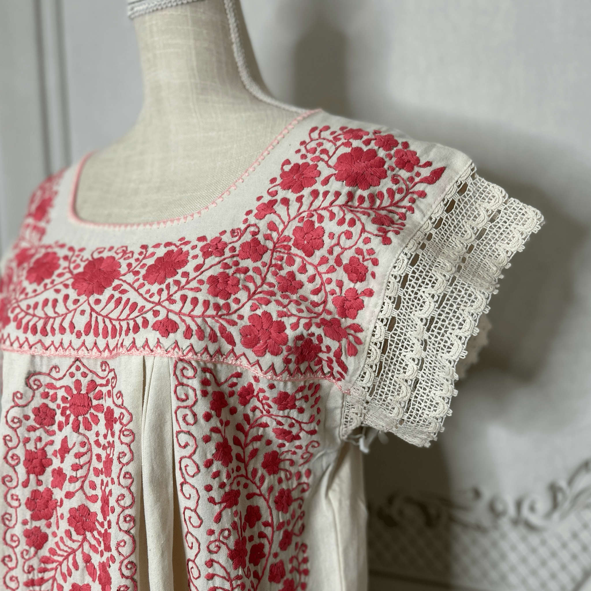 Laced Trim Mexican Midi Dress - Puebla Cream Laced Trim Mexican Midi Dress - Puebla Cream