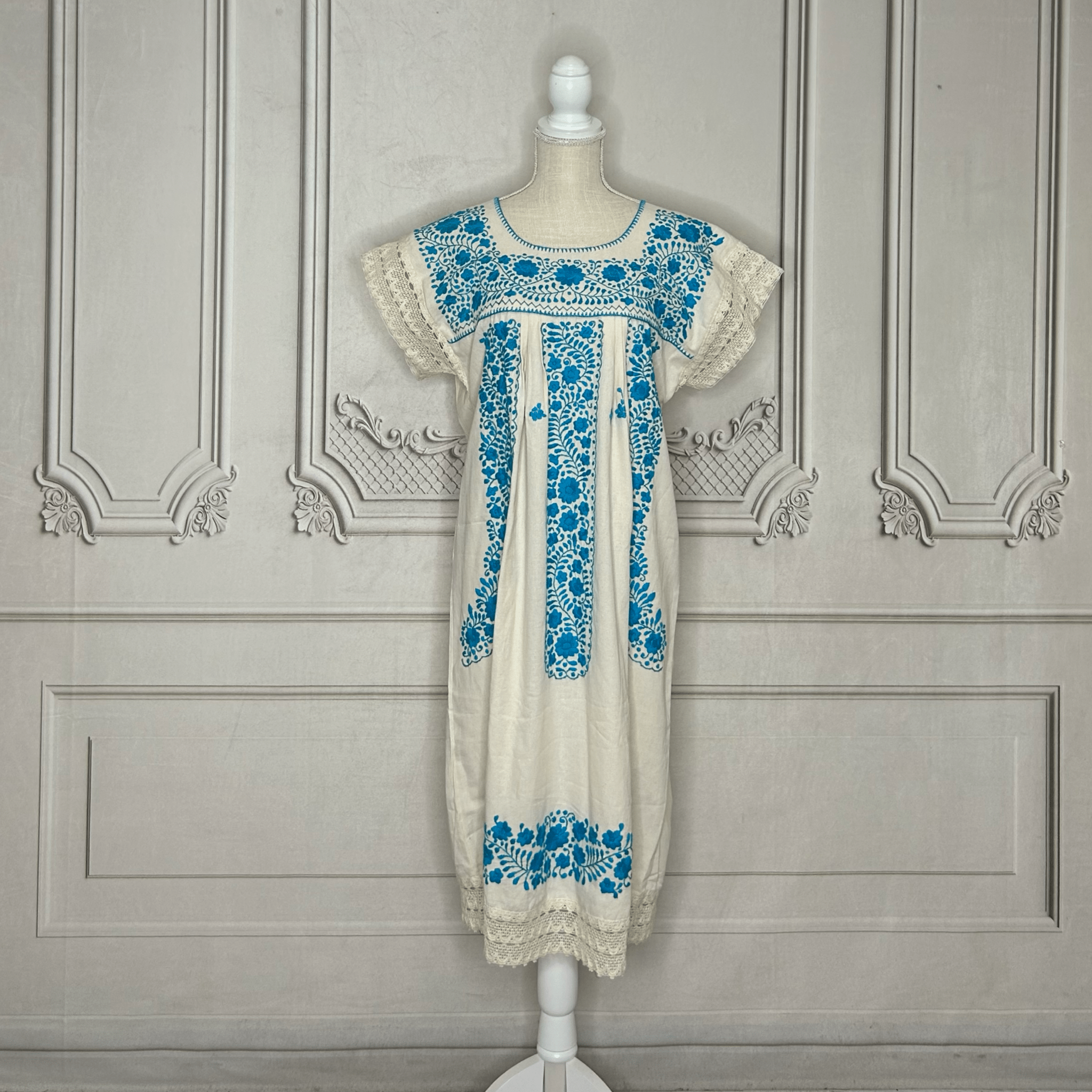 Laced Trim Mexican Midi Dress - Puebla Cream Laced Trim Mexican Midi Dress - Puebla Cream