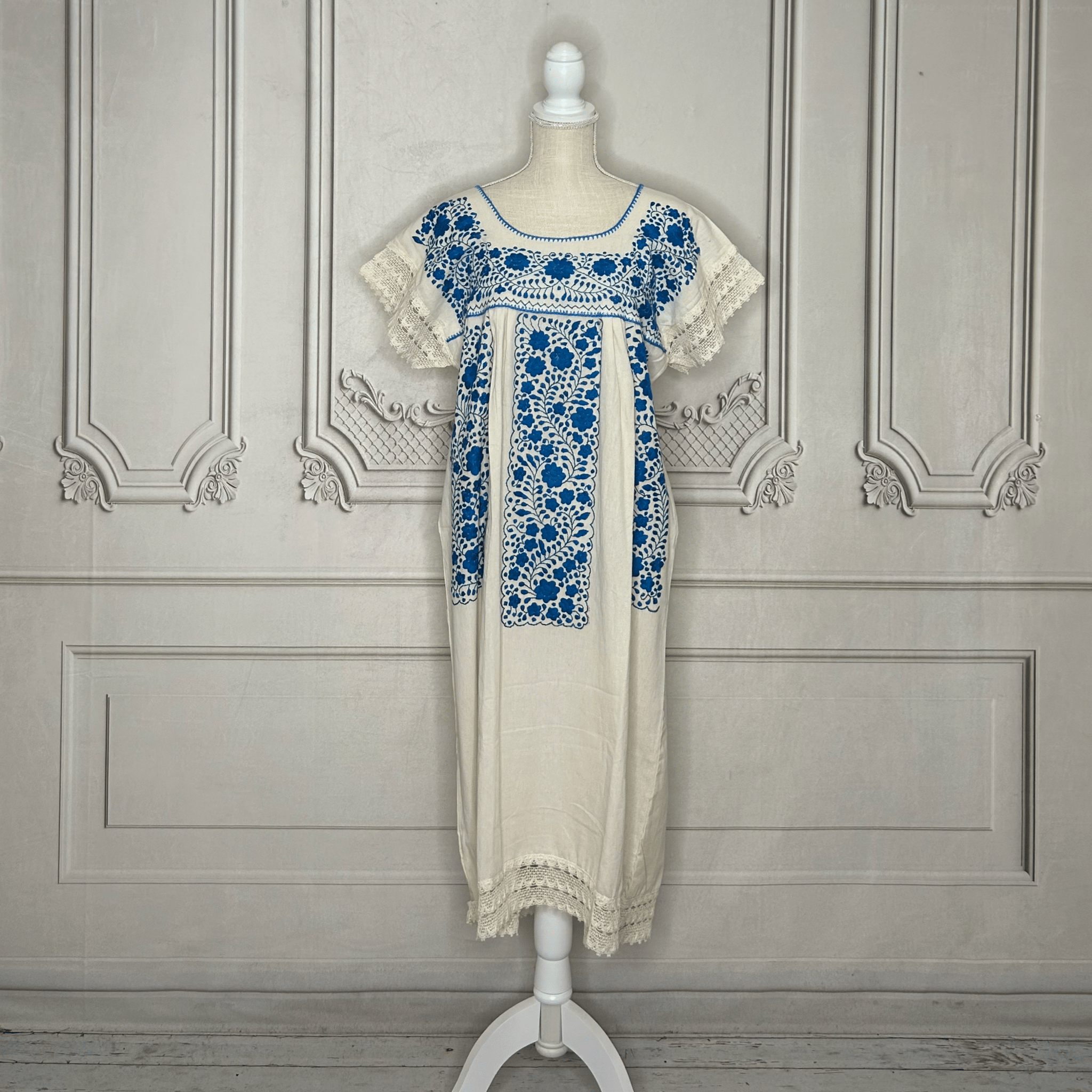 Laced Trim Mexican Midi Dress - Puebla Cream Laced Trim Mexican Midi Dress - Puebla Cream