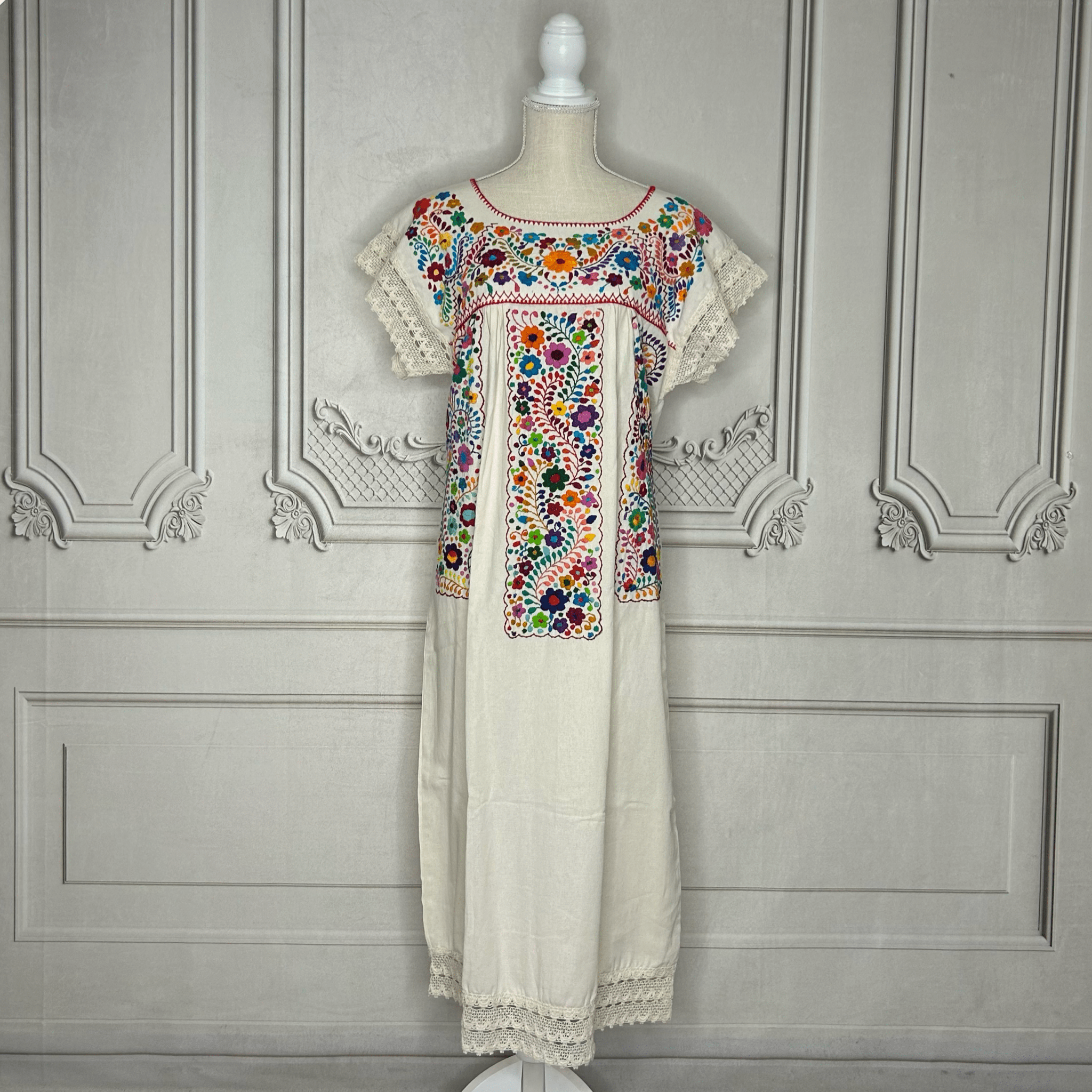 Laced Trim Mexican Midi Dress - Puebla Multi Laced Trim Mexican Midi Dress - Puebla Multi