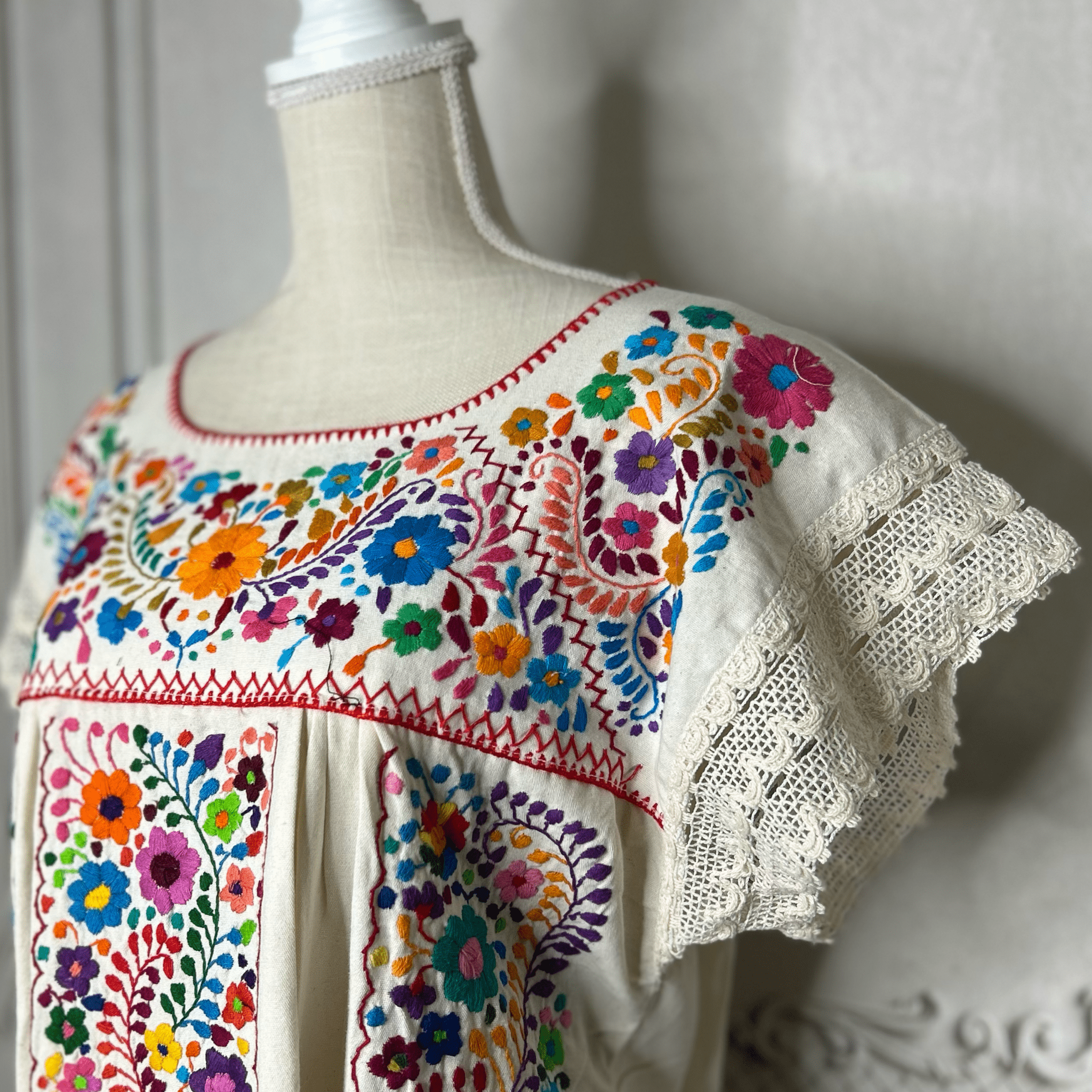 Laced Trim Mexican Midi Dress - Puebla Multi Laced Trim Mexican Midi Dress - Puebla Multi