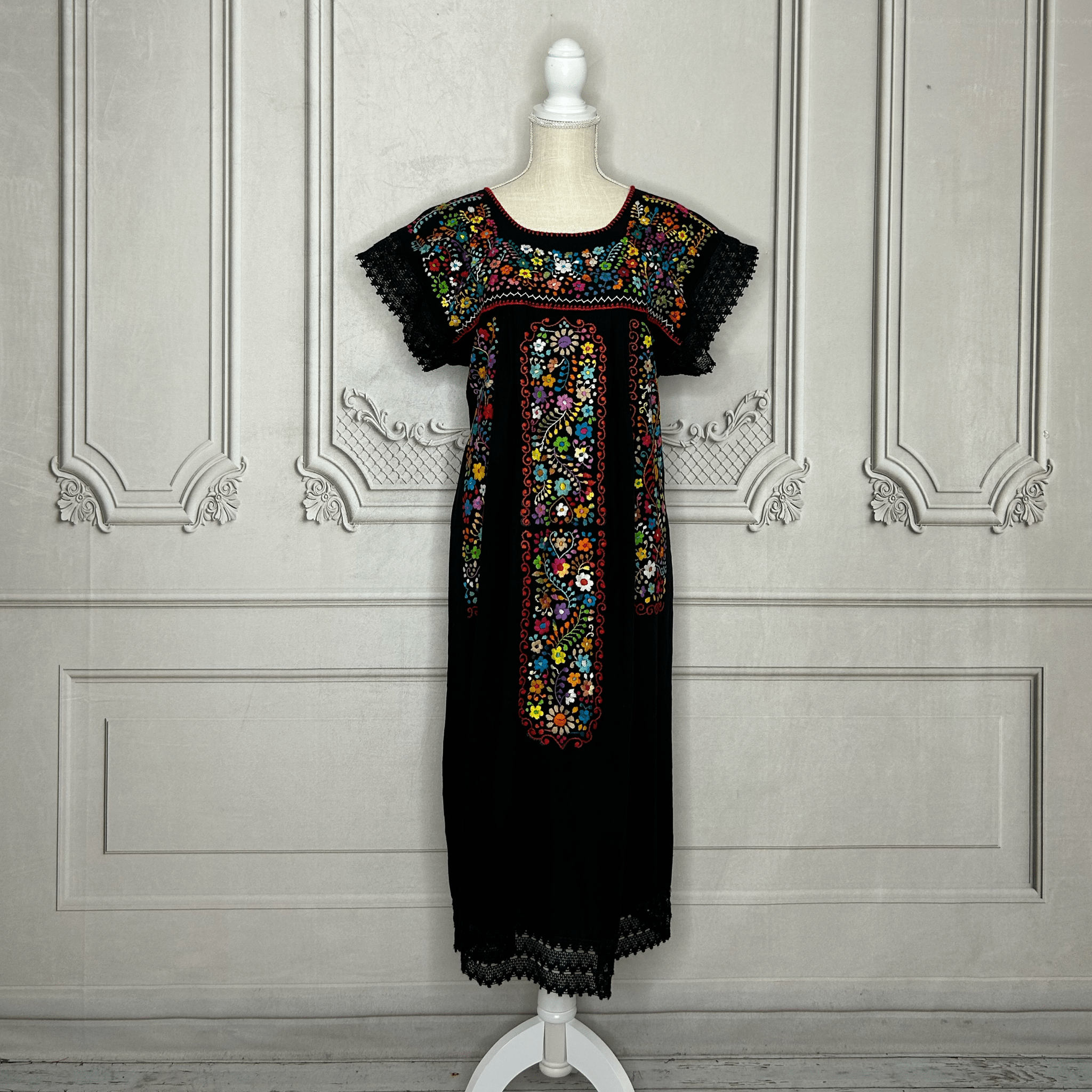Laced Trim Mexican Midi Dress - Puebla Multi Laced Trim Mexican Midi Dress - Puebla Multi