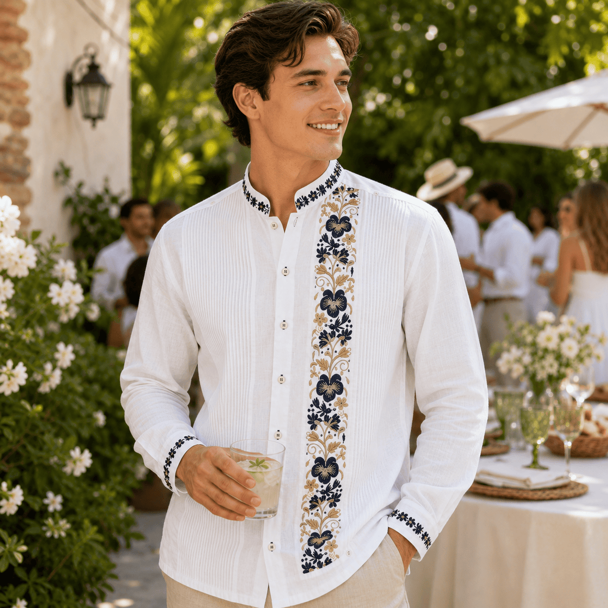 Men's Long Sleeve Linen Guayabera - Colibri Gala Men's Linen Guayabera | Colibri Gala | Camelia Mexican Boutique