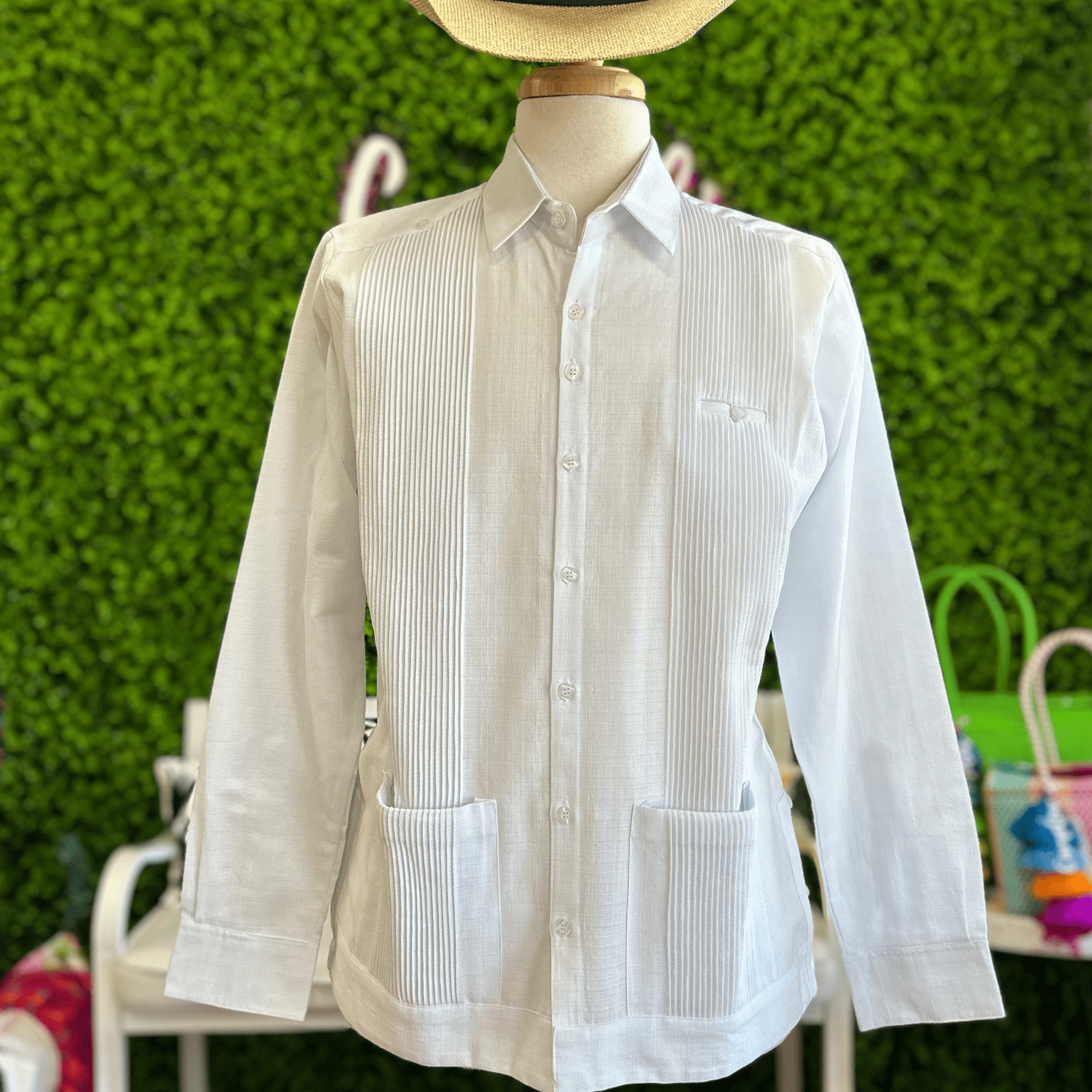 Men's Long Sleeve Linen Guayabera - White