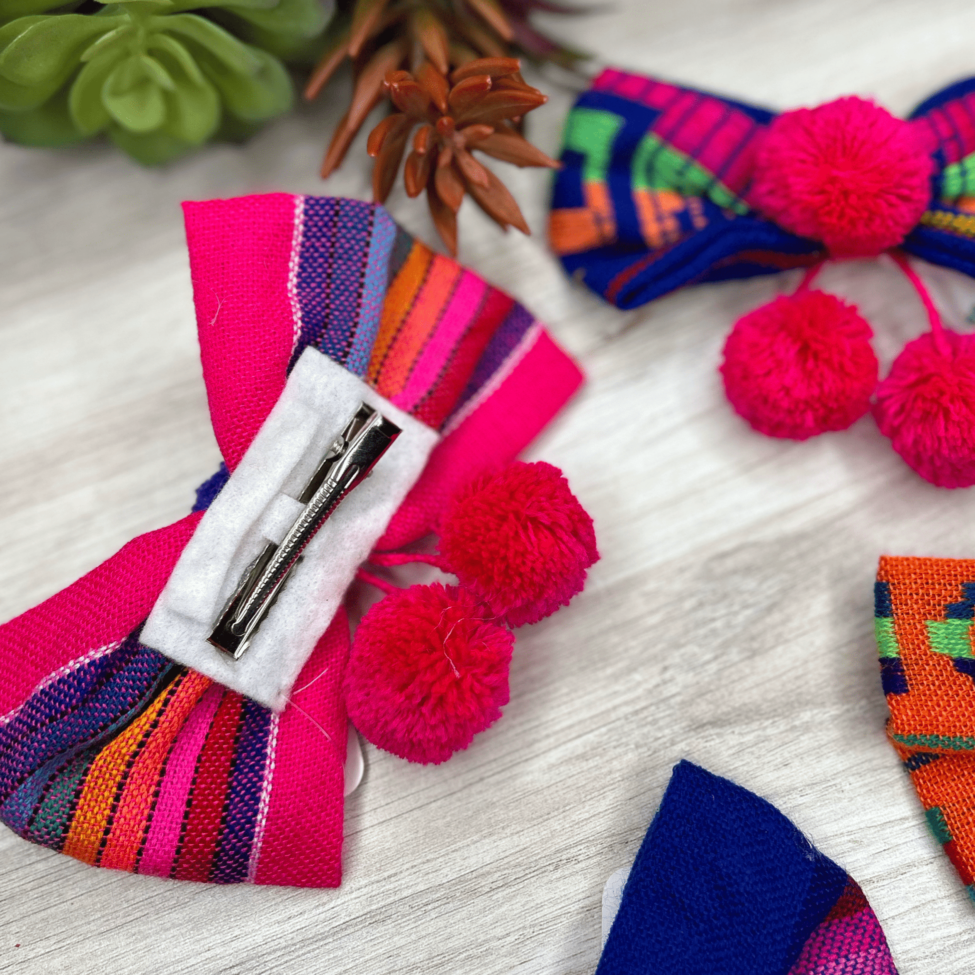 Mexican Bow Clip with Pom Poms