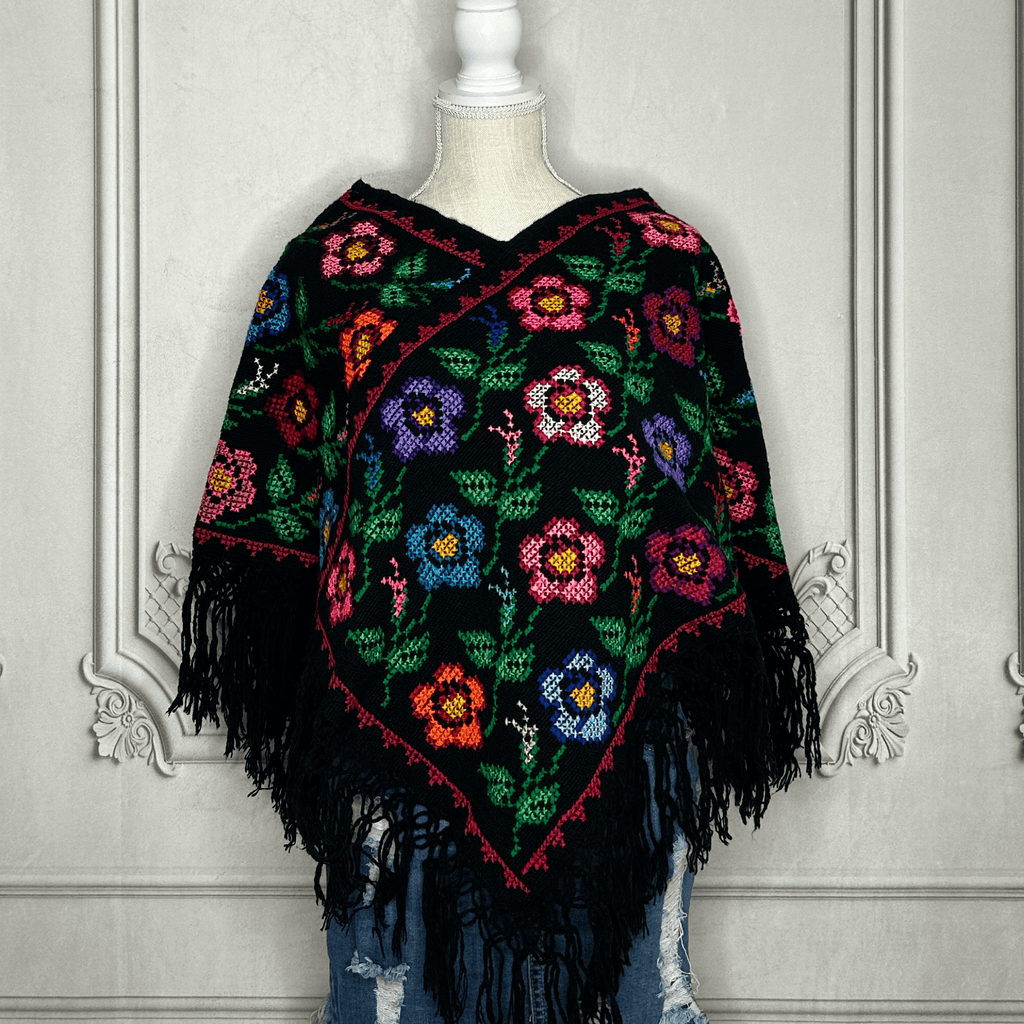 Mexican Cape Poncho Cross Stitch Black Daisies Mexican Cape Poncho Cross Stitch Black Daisies