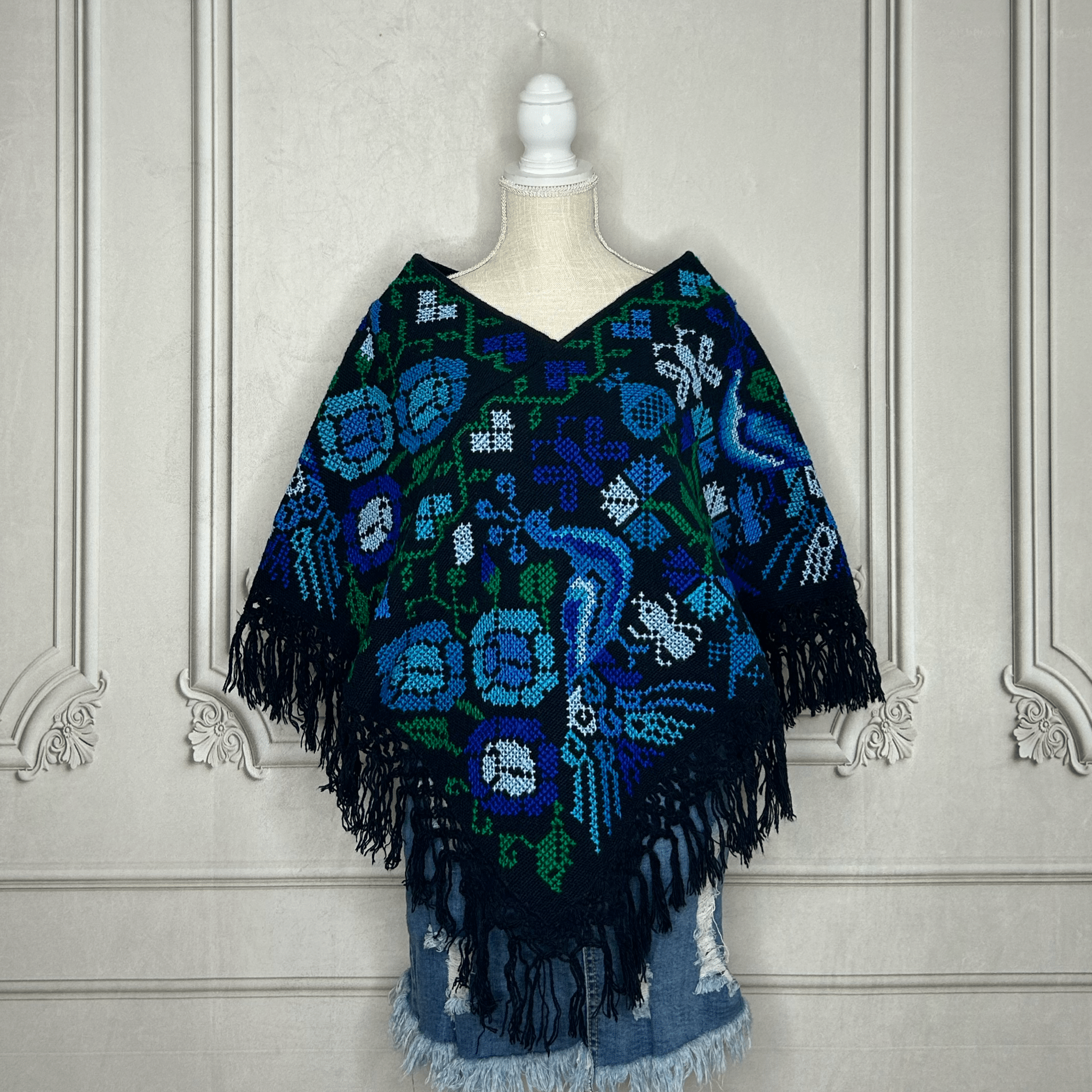 Mexican Cape Poncho Cross Stitch Blue Peacock Mexican Cape Poncho Cross Stitch Blue Peacock
