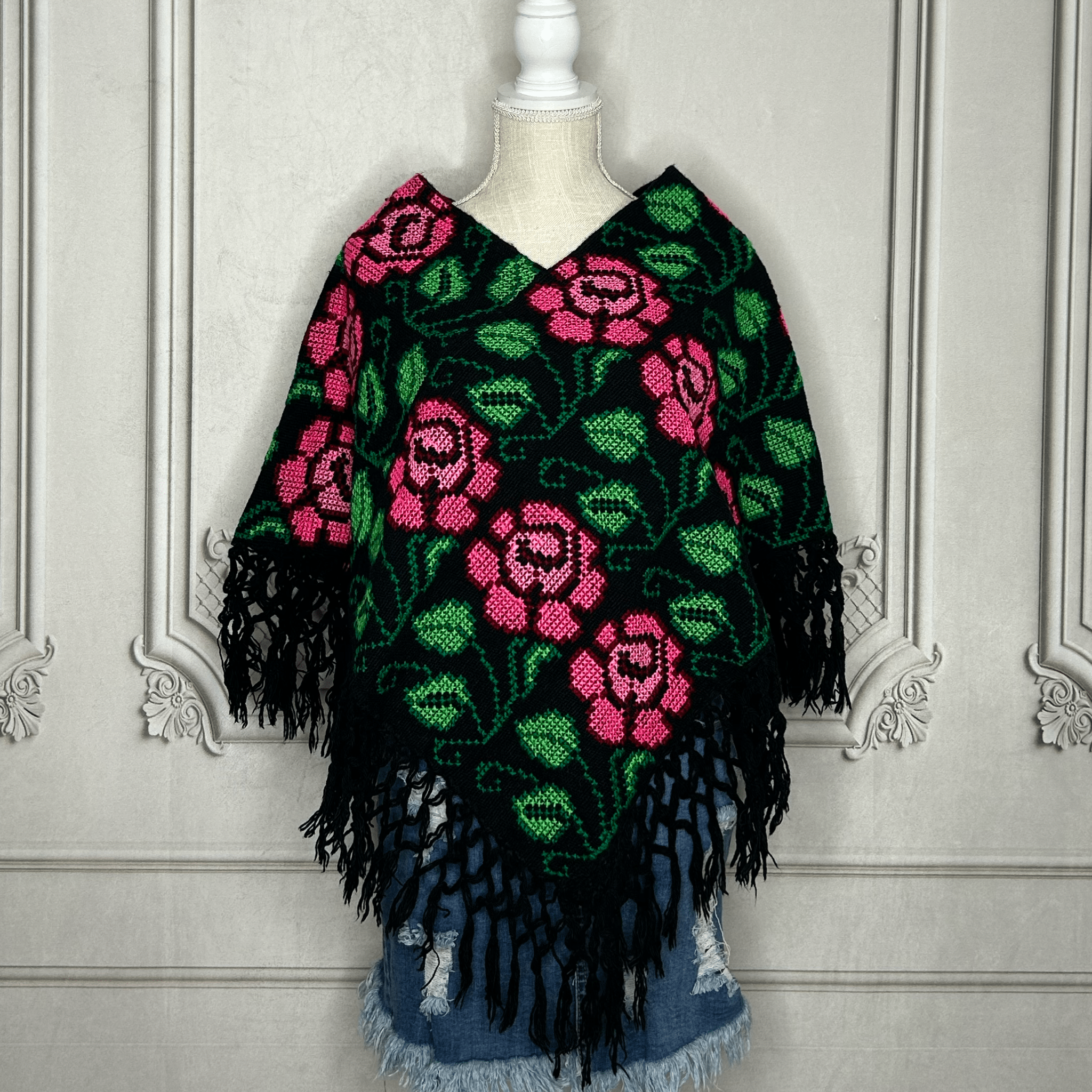 Mexican Cape Poncho Cross Stitch Roses Mexican Cape Poncho Cross Stitch Roses
