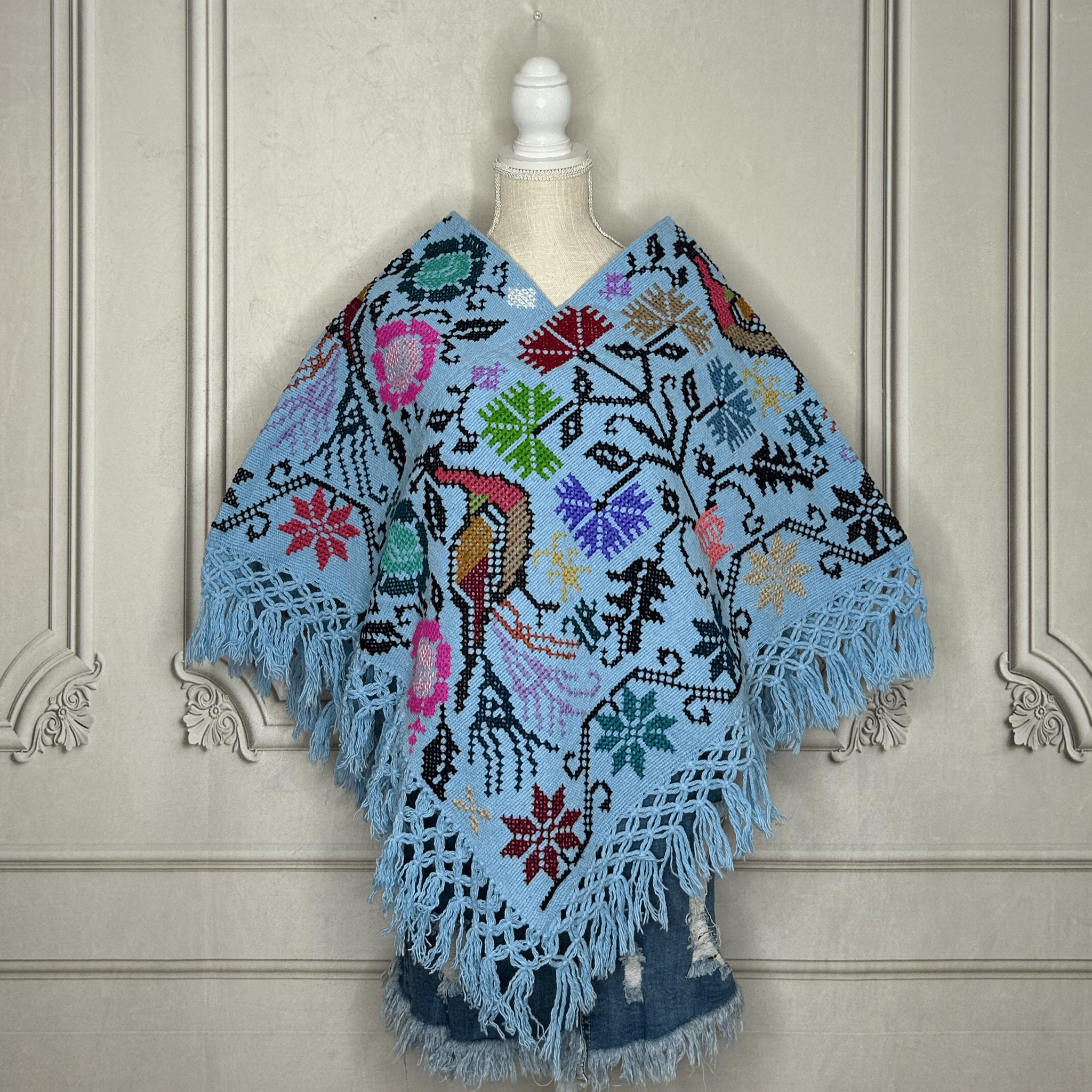 Mexican Cape Poncho Cross Stitch Sky Blue Peacock Mexican Cape Poncho Cross Stitch Sky Blue Peacock