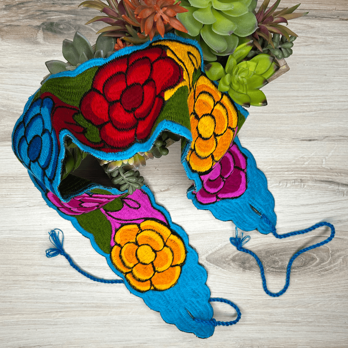4694 Mexican Embroidered Belt For Women | Adjustable Waist With Tassels Mexican Embroidered Belt - Zinnia – Camelia Mexican Boutique main image 3