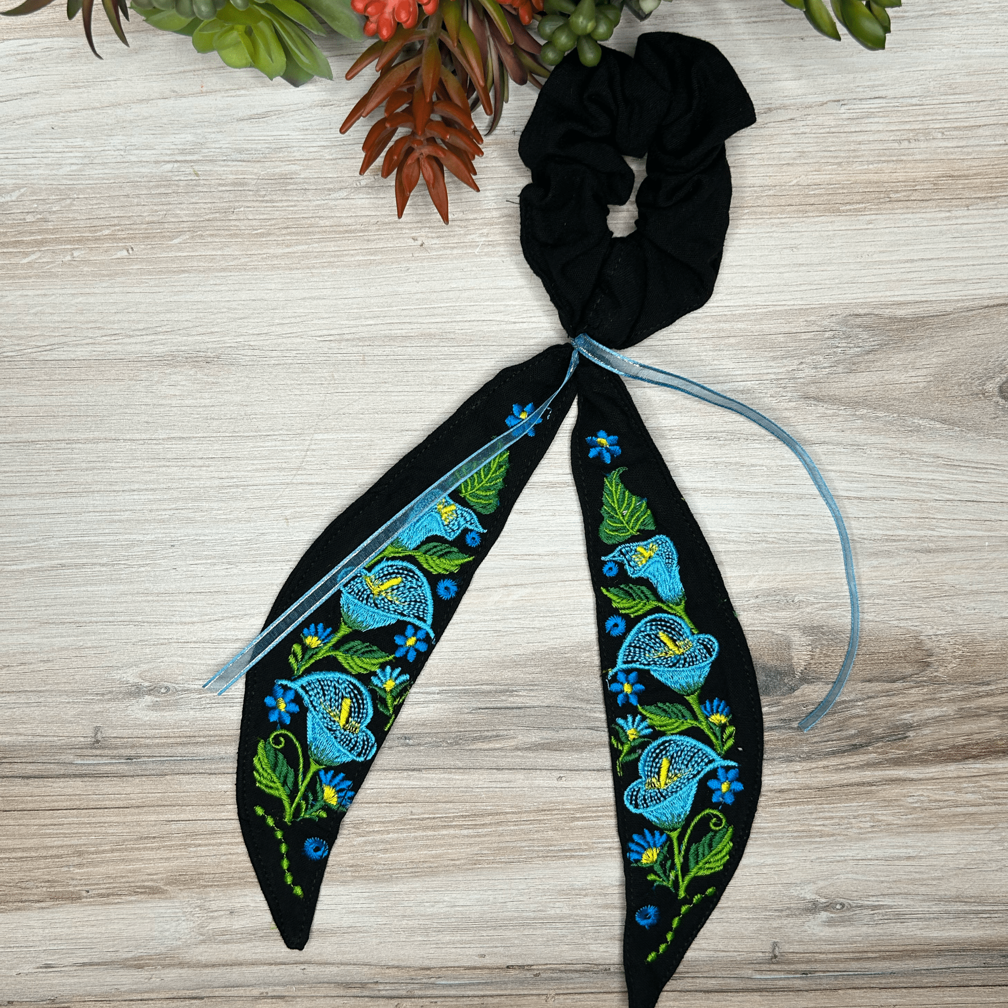 Mexican Embroidered Bow Scrunchie - Lilies Mexican Embroidered Bow Scrunchie - Lilies