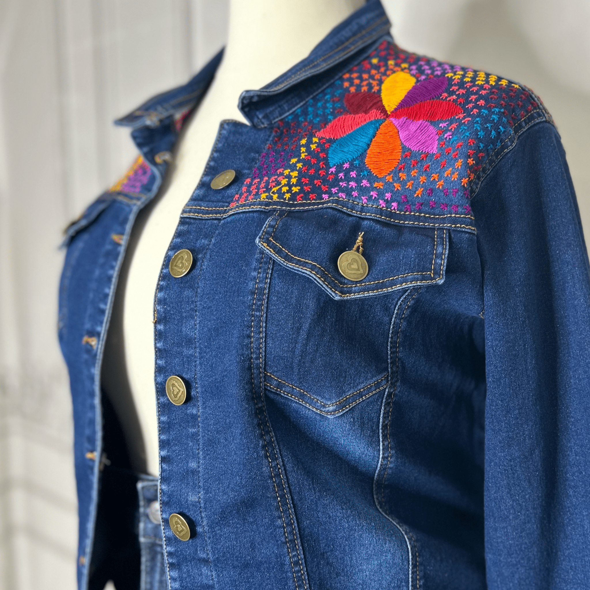 Mexican Embroidered Denim Jacket - Corn Motif Hand Embroidered Mexican Embroidered Denim Jacket - Corn Motif Hand Embroidered