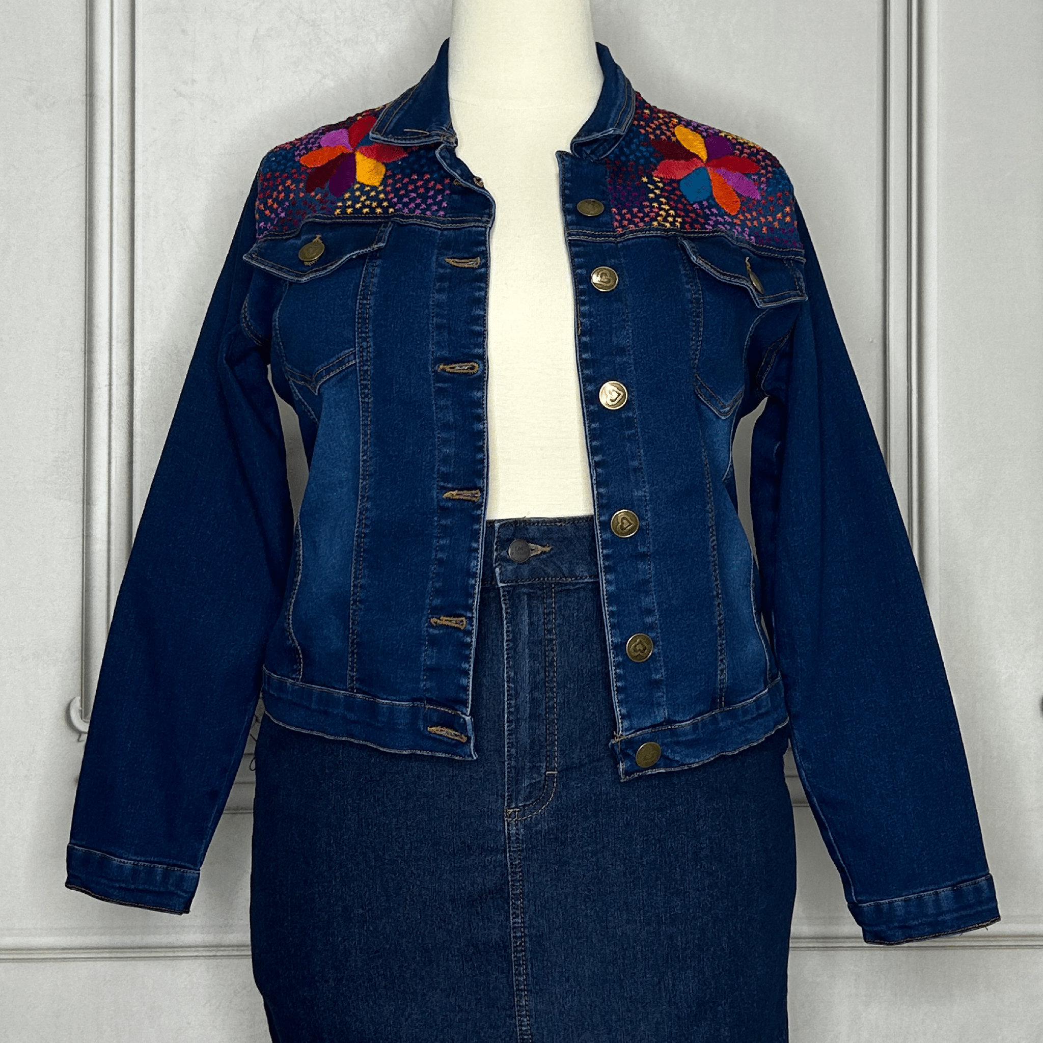 Mexican Embroidered Denim Jacket - Corn Motif Hand Embroidered Mexican Embroidered Denim Jacket - Corn Motif Hand Embroidered