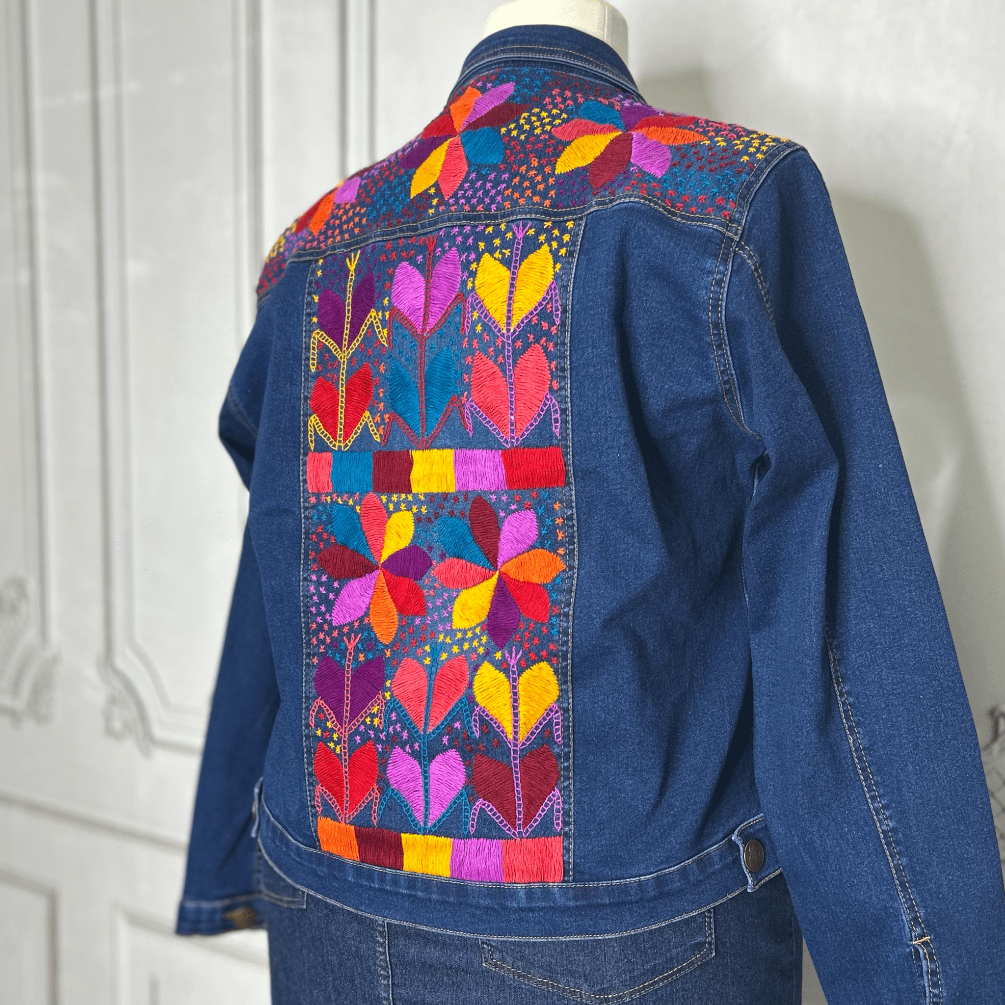 Mexican Embroidered Denim Jacket - Corn Motif Hand Embroidered Mexican Embroidered Denim Jacket - Corn Motif Hand Embroidered
