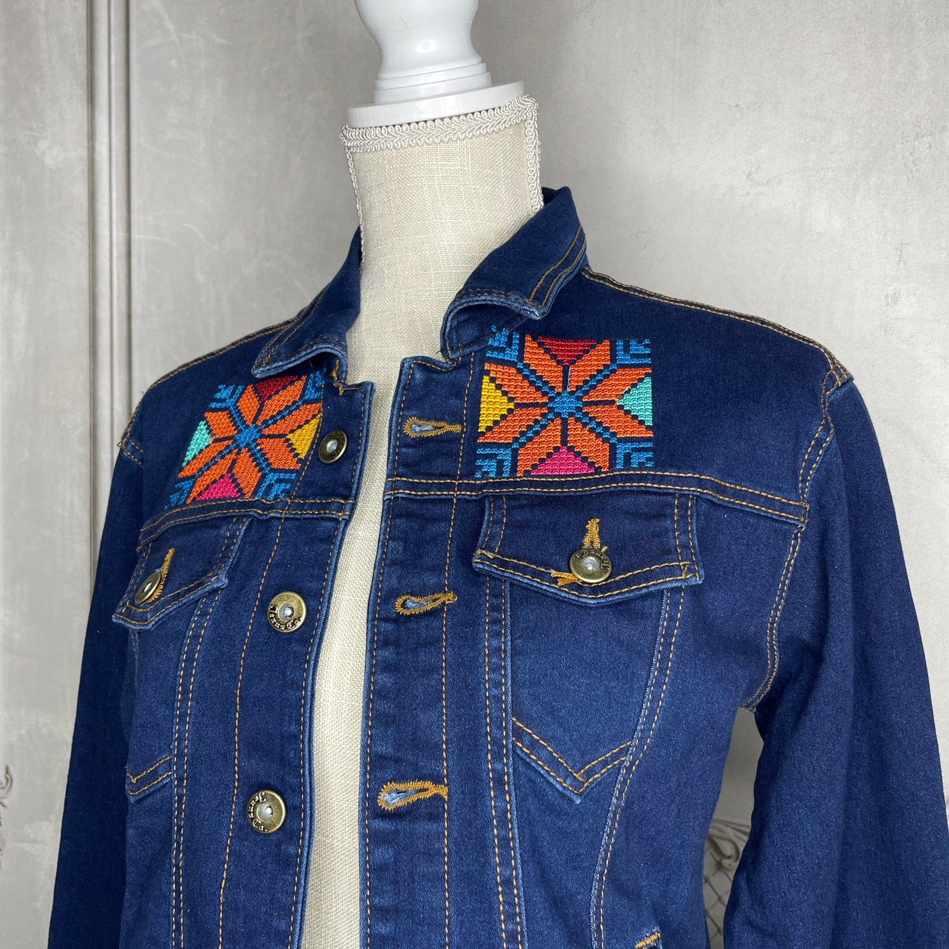 Mexican Embroidered Denim Jacket - Cross Stitch Jazmin