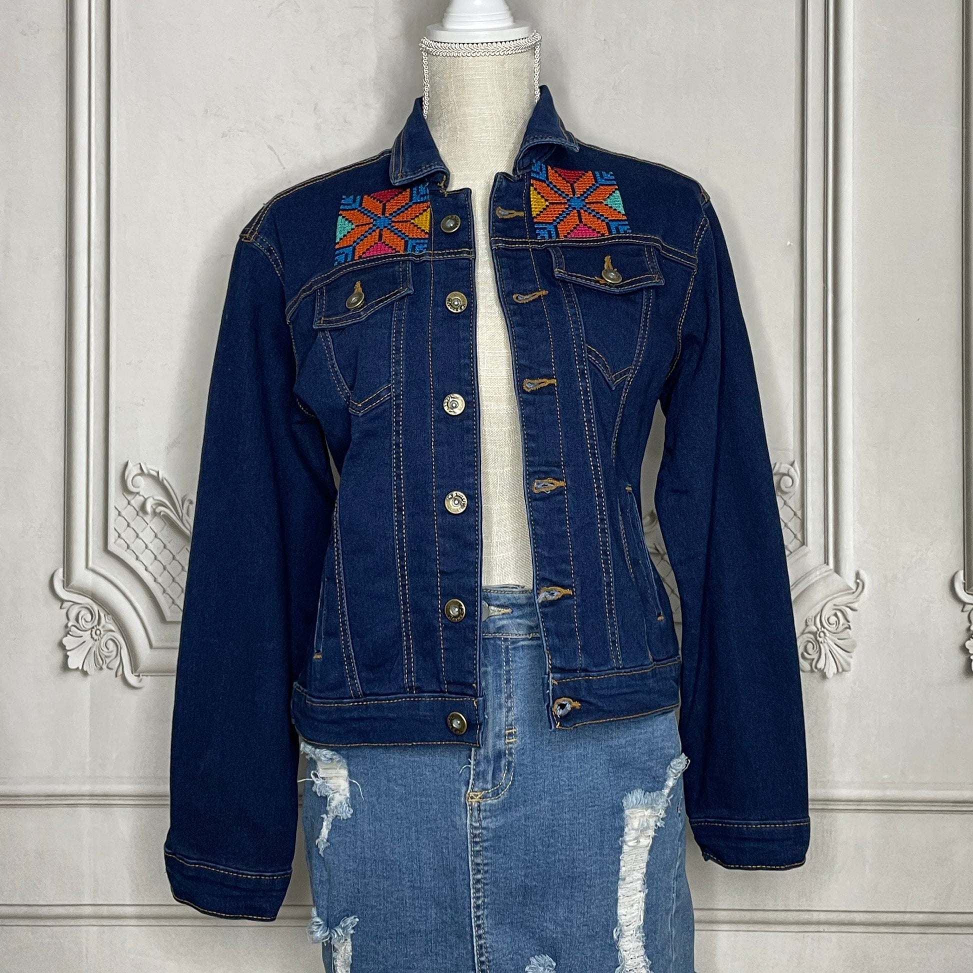 Mexican Embroidered Denim Jacket - Cross Stitch Jazmin