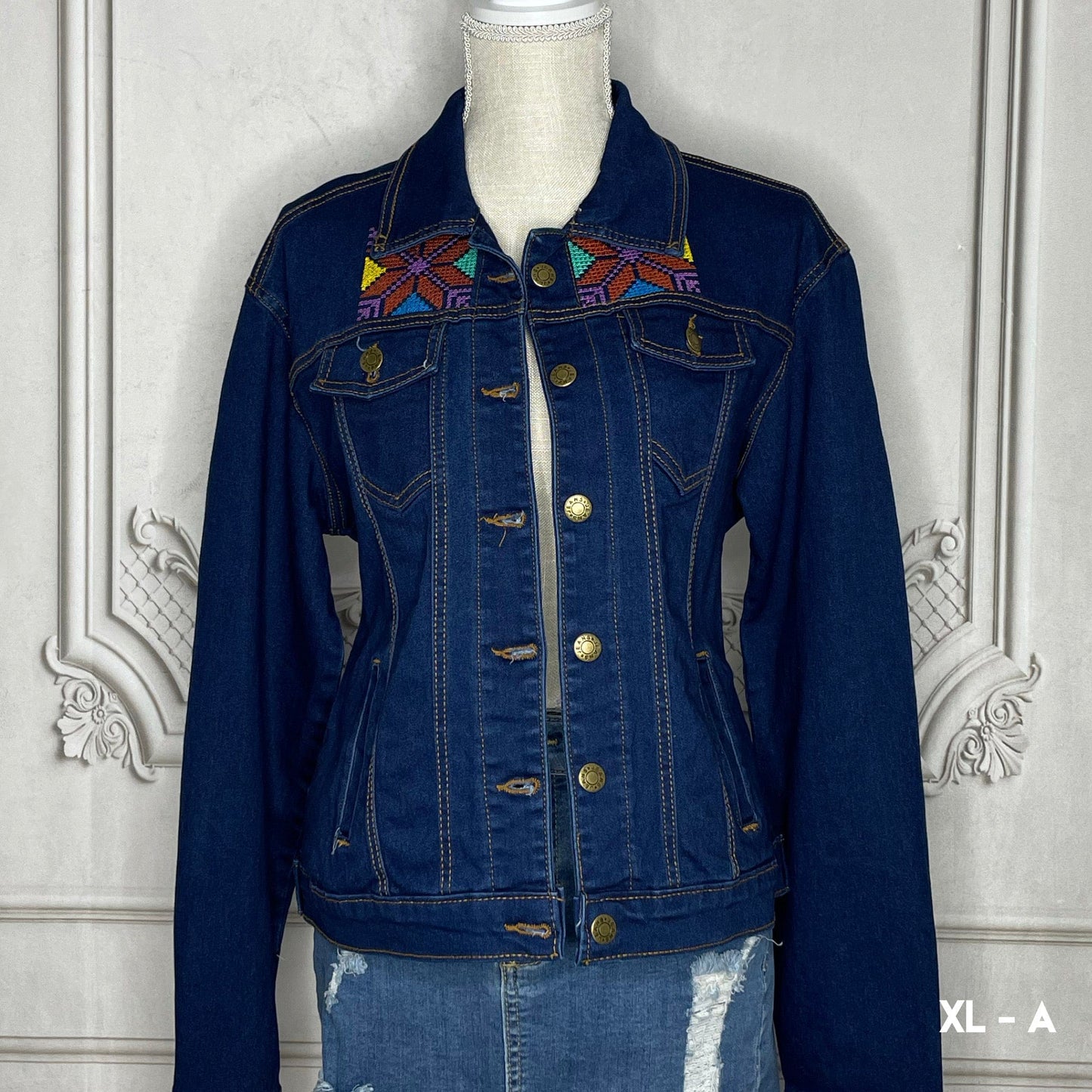 Mexican Embroidered Denim Jacket - Cross Stitch Jazmin