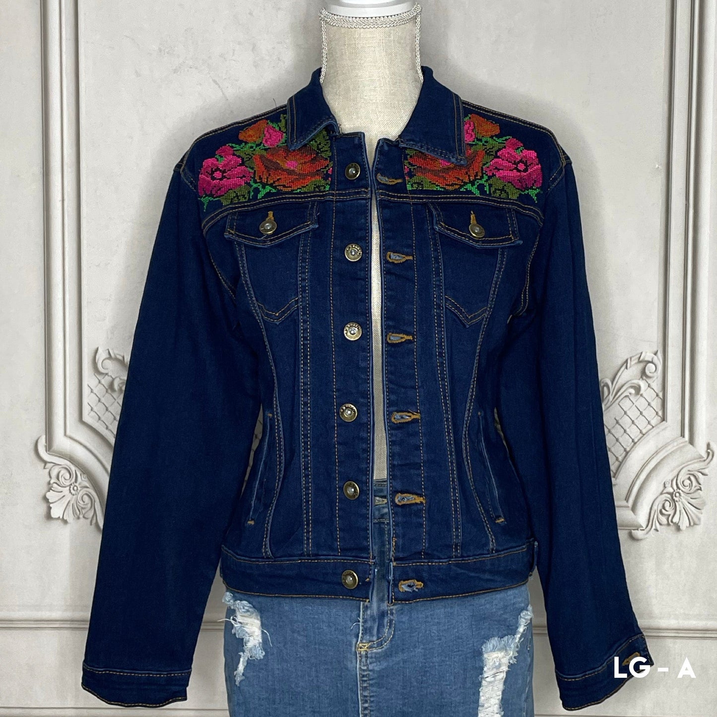 Mexican Embroidered Denim Jacket - Cross Stitch Roses