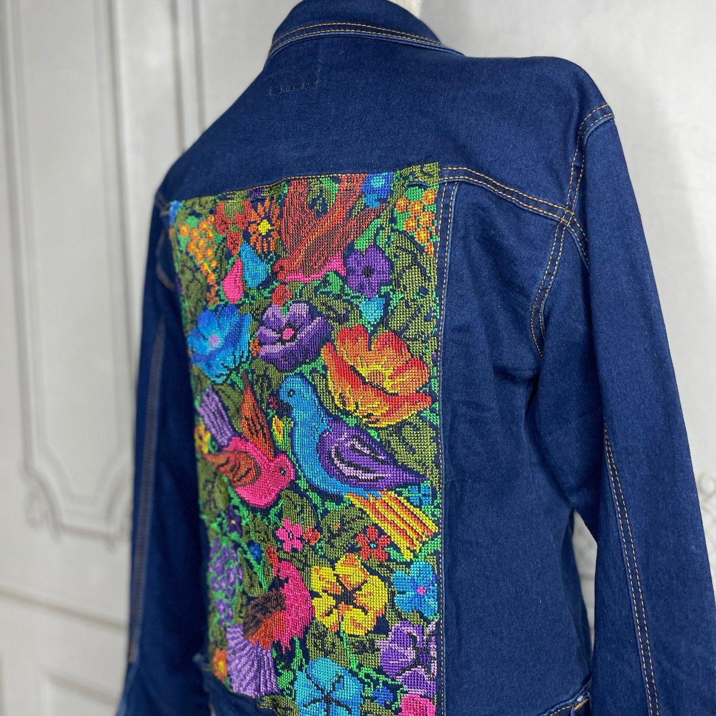 Mexican Embroidered Denim Jacket - Cross Stitch Roses