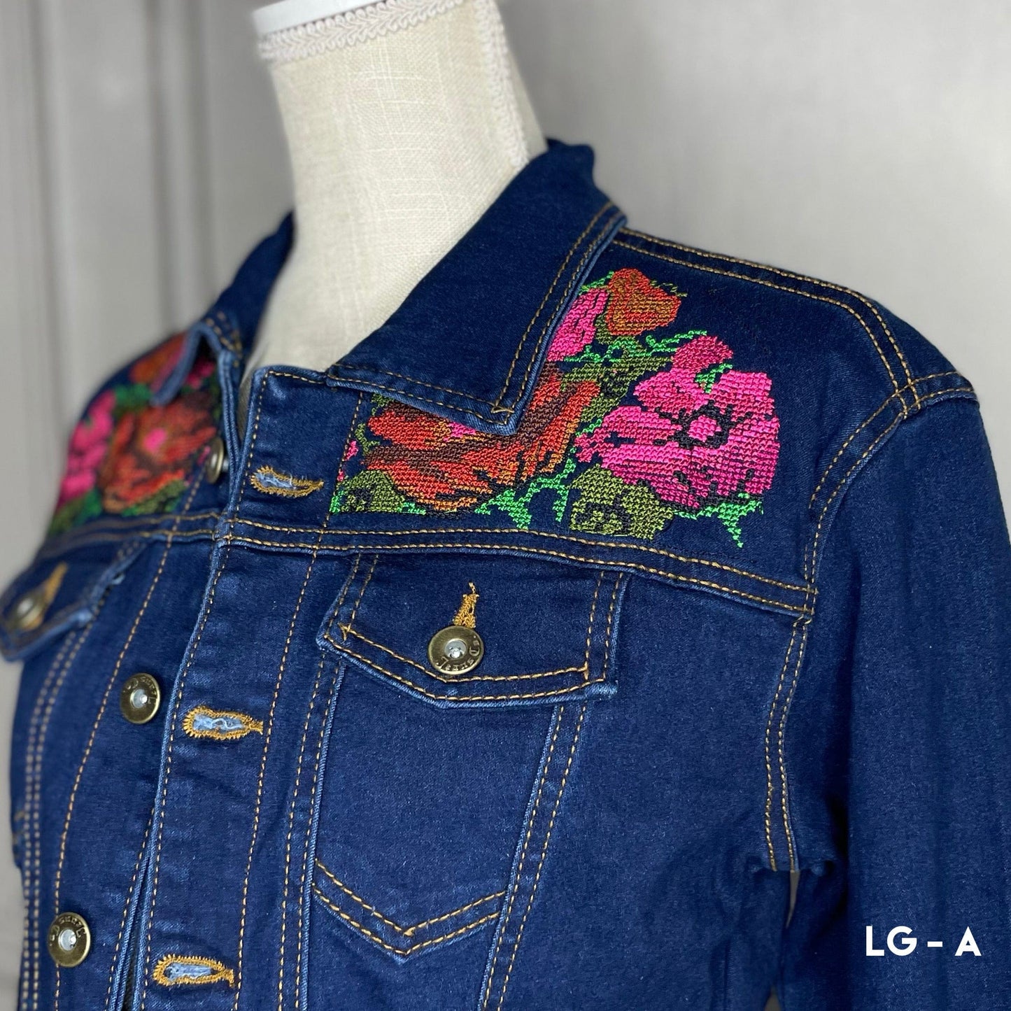 Mexican Embroidered Denim Jacket - Cross Stitch Roses