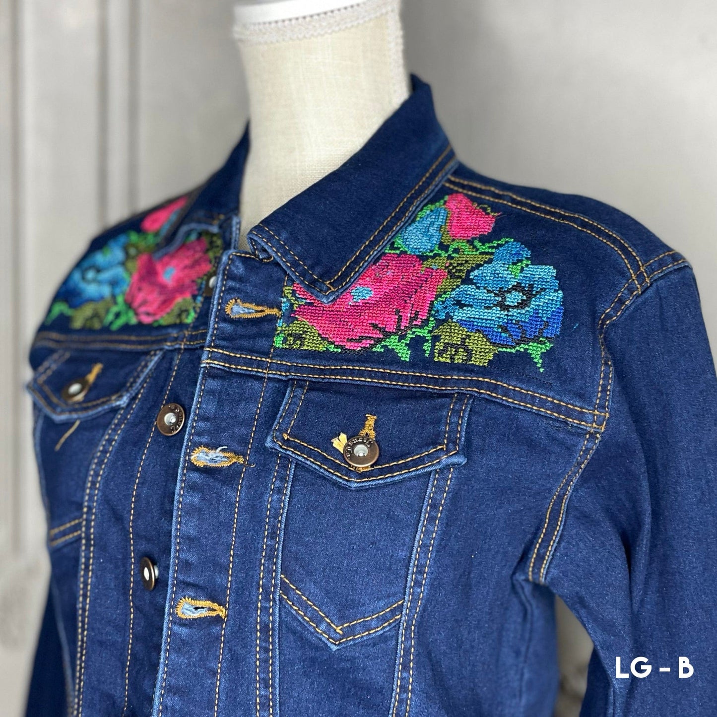 Mexican Embroidered Denim Jacket - Cross Stitch Roses